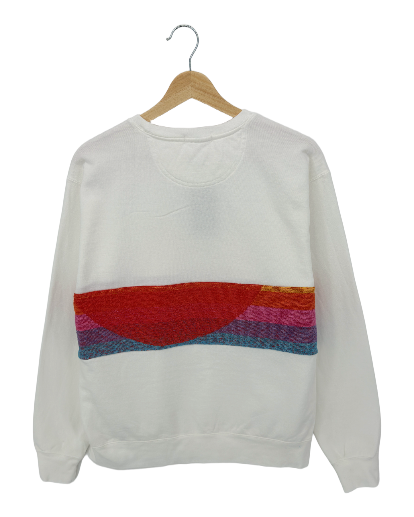 Medium White Sunset Chaser "Miniature Oasis" — one-of-a-kind upcycled vintage beach towel sweatshirt, handmade by Kspek, view 4