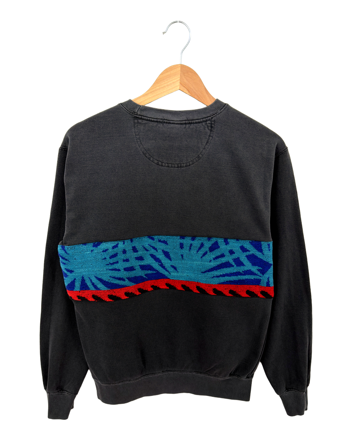 Small Pepper Sunset Chaser "Teal Palmetto Horizon" — one-of-a-kind upcycled vintage beach towel sweatshirt, handmade by Kspek, view 5