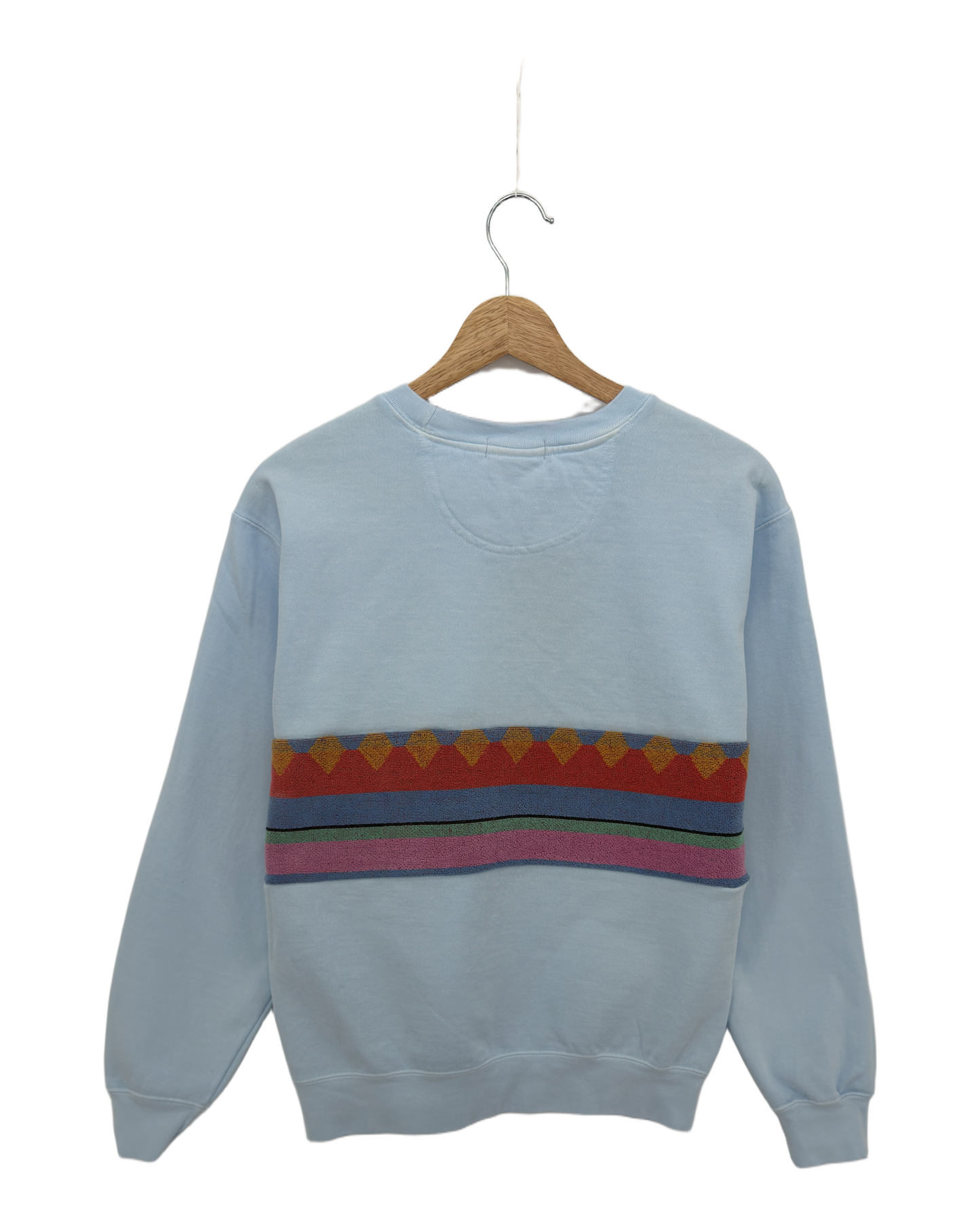 Small Aqua Sunset Chaser "Beachfront Bliss" — one-of-a-kind upcycled vintage beach towel sweatshirt, handmade by Kspek, view 4