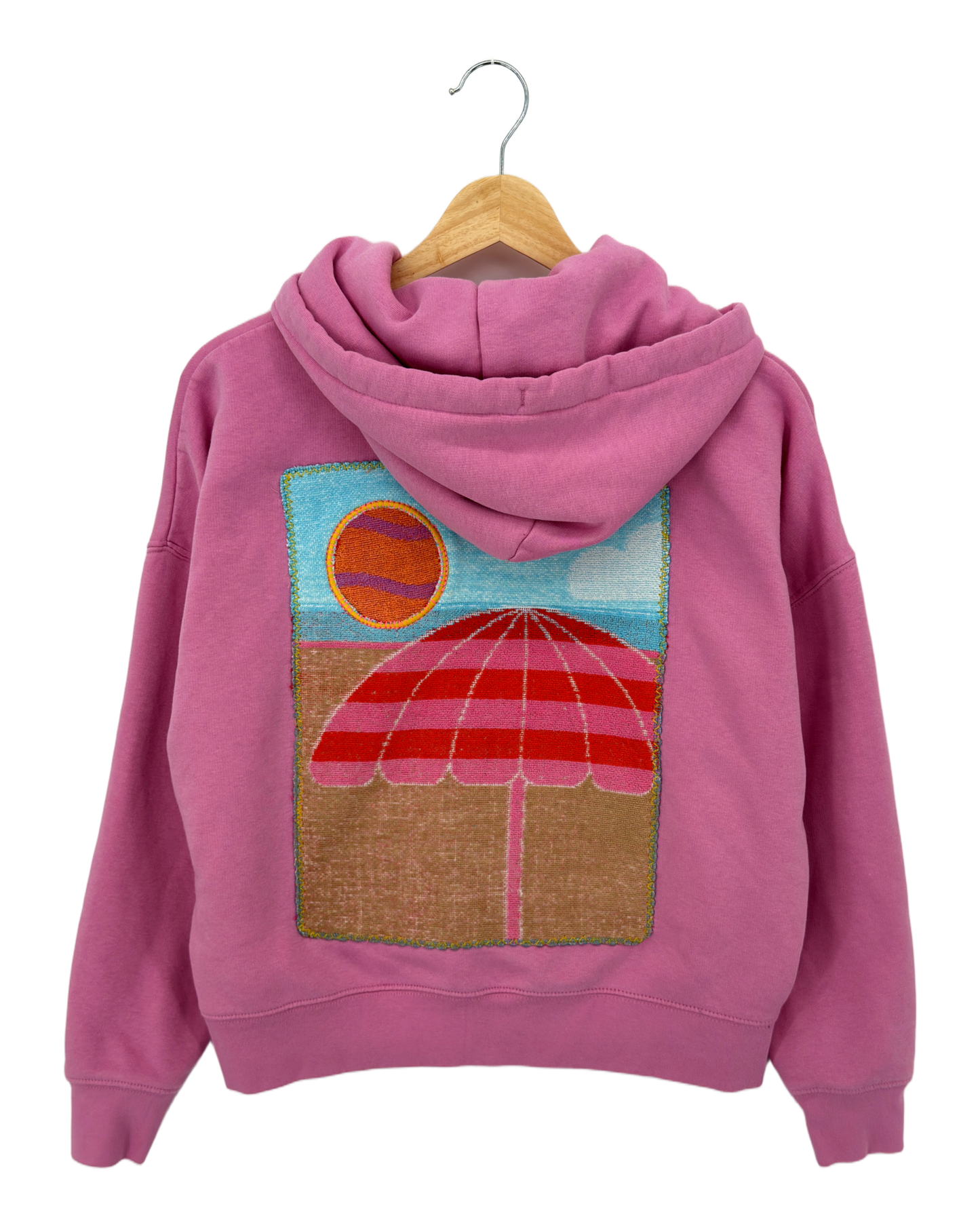 Small Pink Making a Scene Zip Up Hoodie — one-of-a-kind upcycled vintage beach towel piece, handmade by Kspek