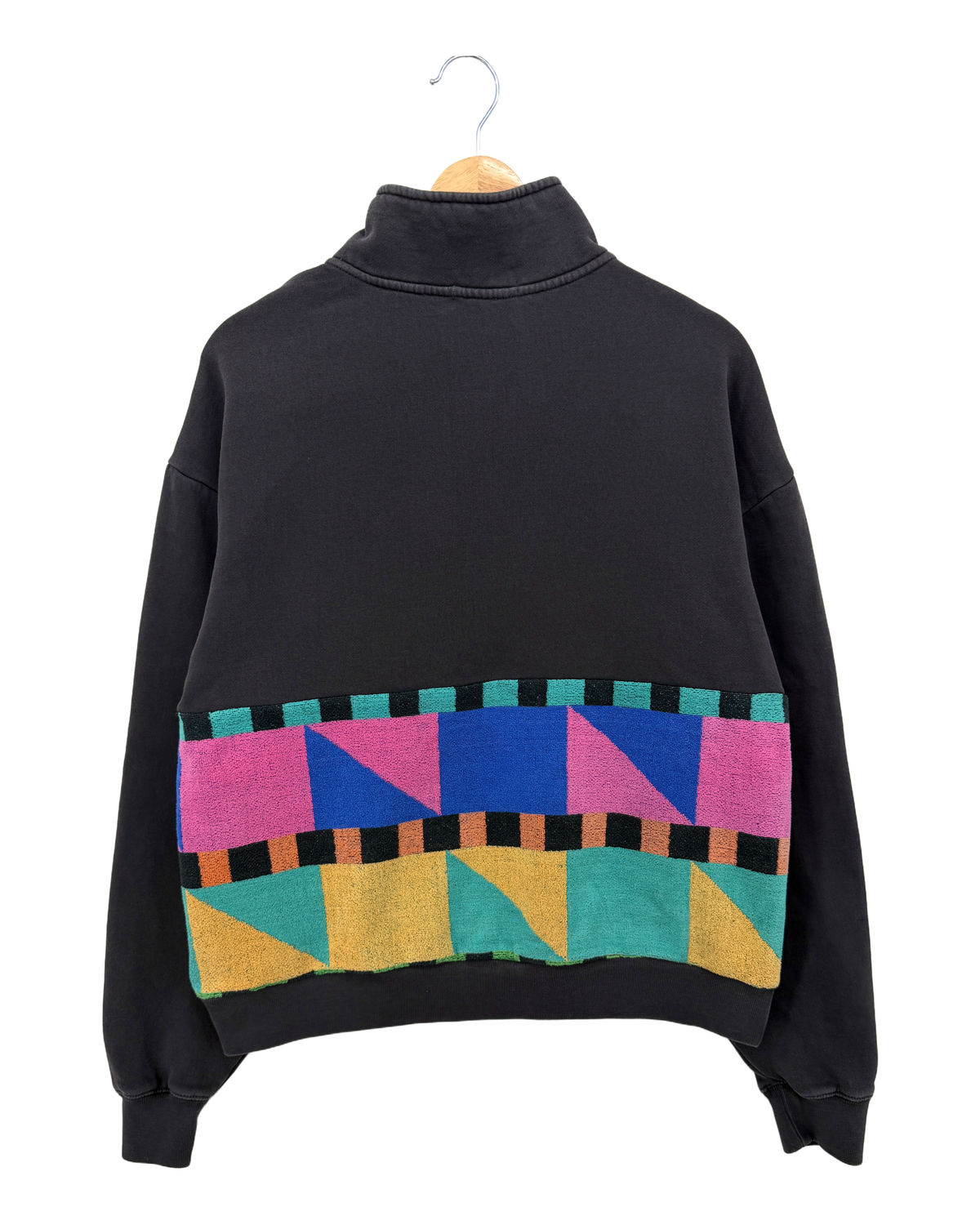 Small Faded Black 1/4 Zip "Memphis Pop" — handmade by Kspek from upcycled vintage textiles, view 2