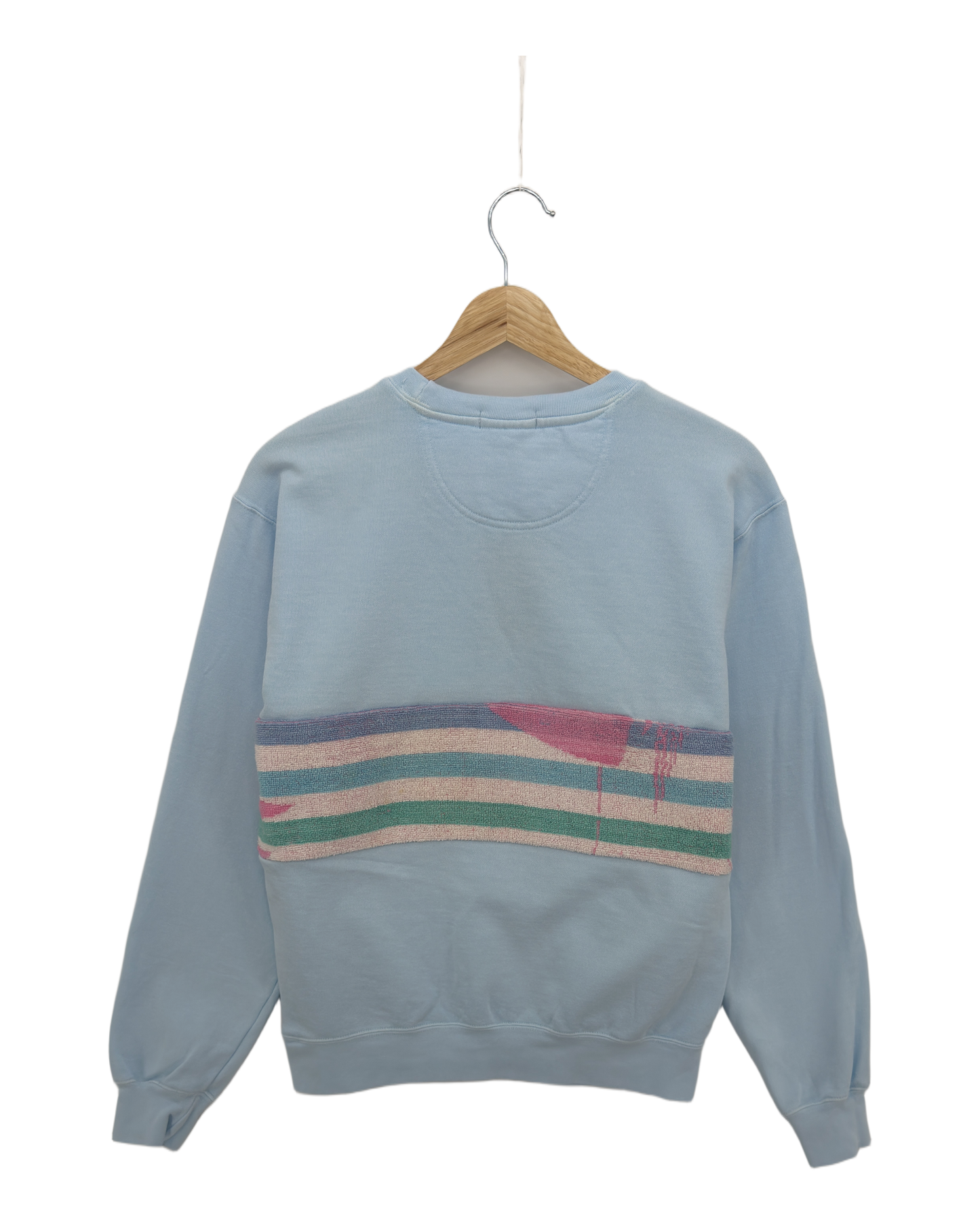 Small Aqua Sunset Chaser "Sunset Serenity" — one-of-a-kind upcycled vintage beach towel sweatshirt, handmade by Kspek, view 4