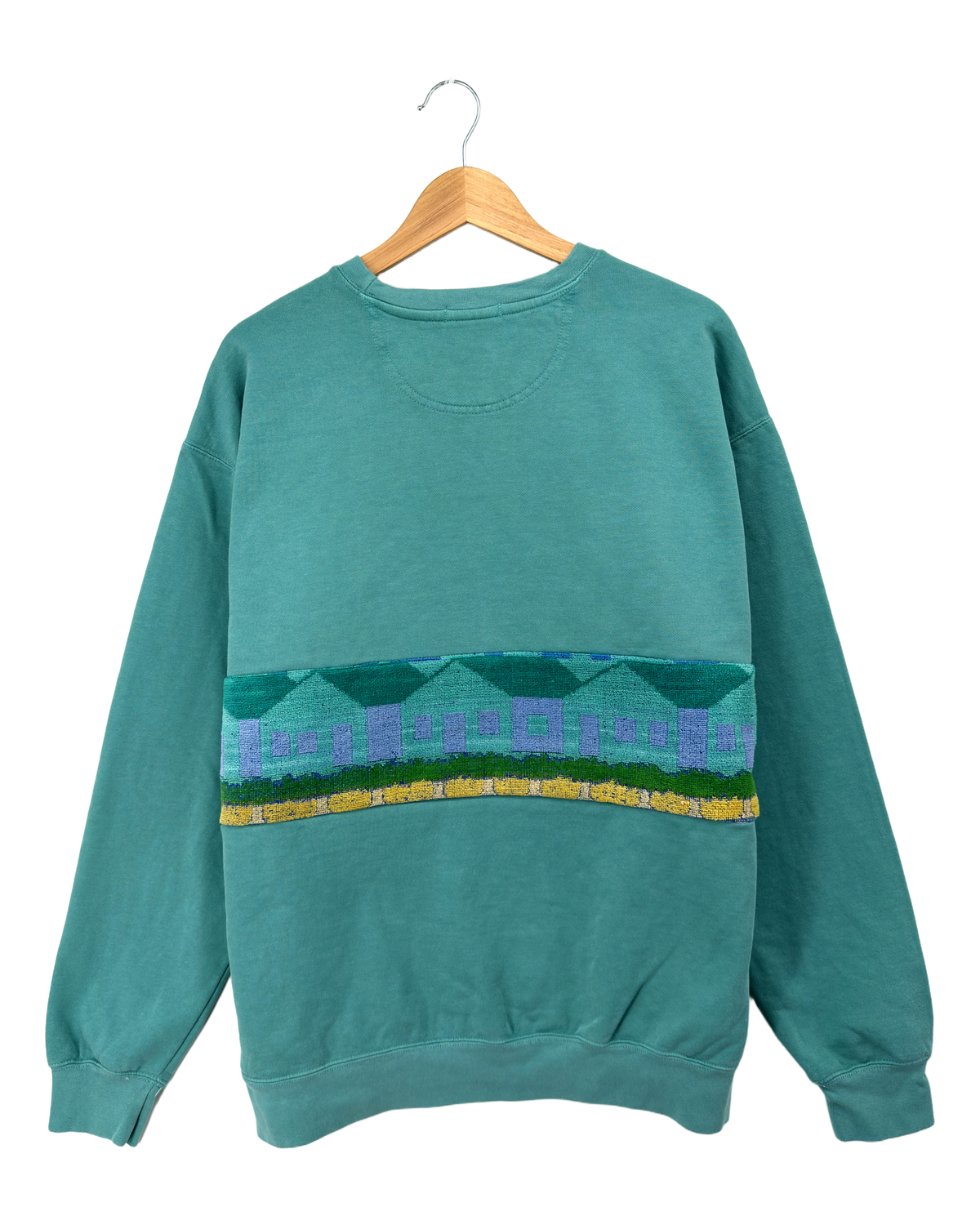 X-Large Light Jade Sunset Chaser "Village Sundown" — one-of-a-kind upcycled vintage beach towel sweatshirt, handmade by Kspek, view 5
