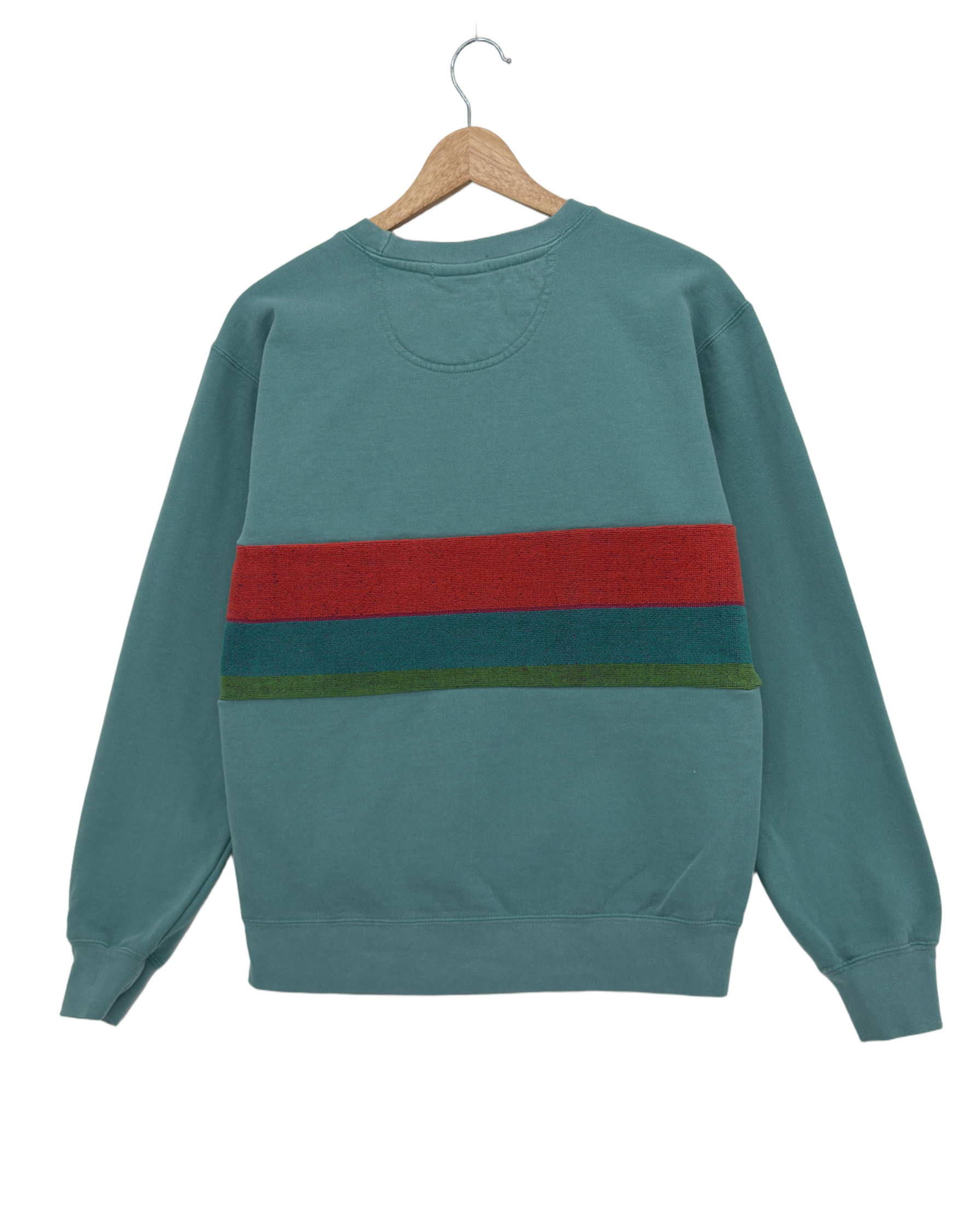Small Light Jade Sunset Chaser "Vibrant Vibes" — one-of-a-kind upcycled vintage beach towel sweatshirt, handmade by Kspek, view 4