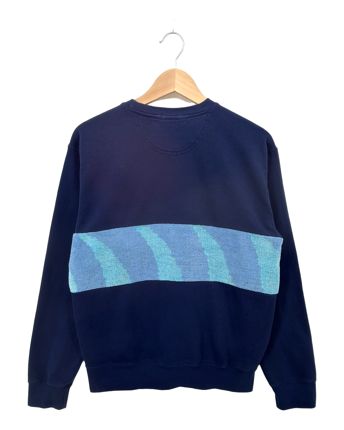 Small Navy Sunset Chaser "Radiant Ocean Rise" — one-of-a-kind upcycled vintage beach towel sweatshirt, handmade by Kspek, view 5