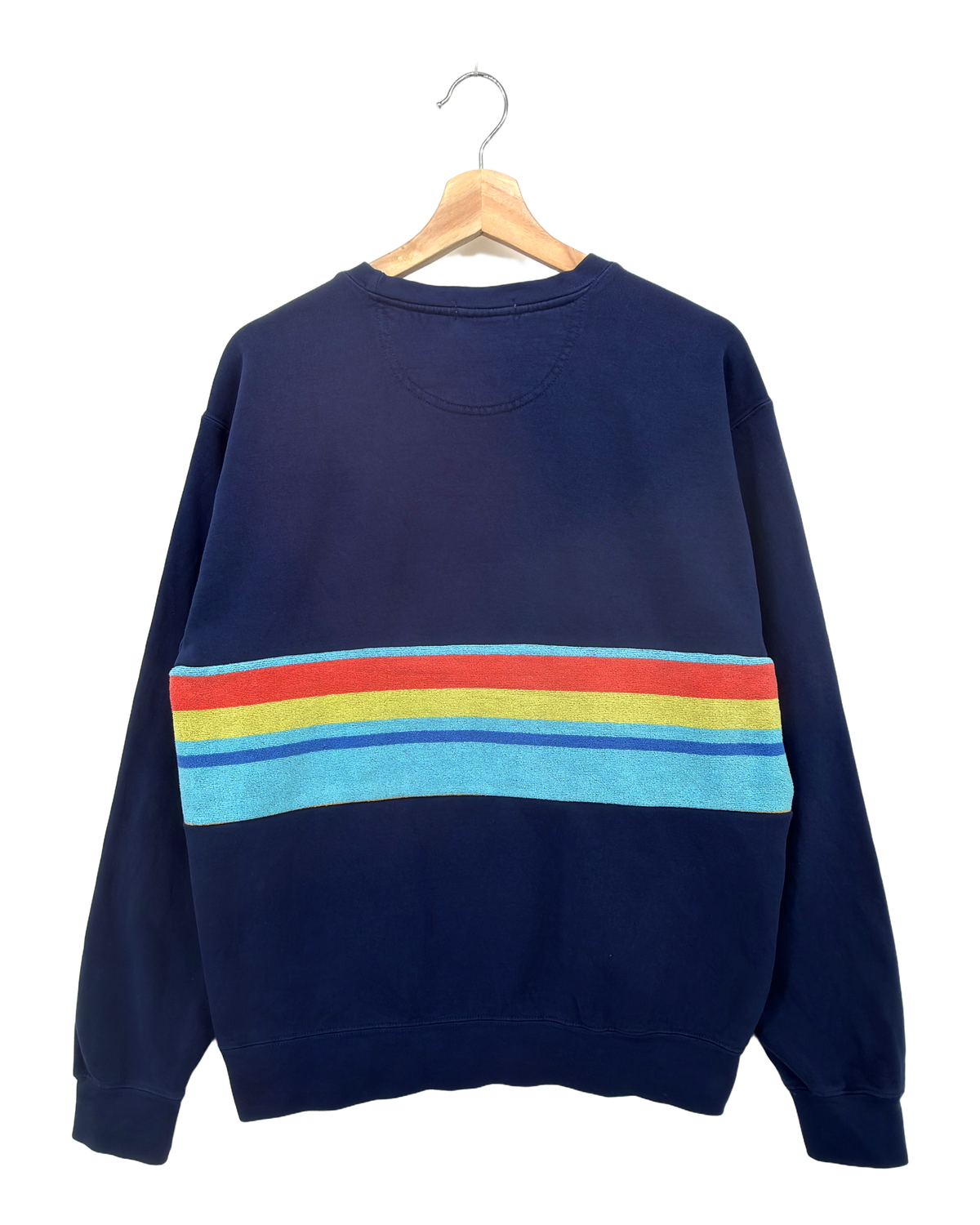 Medium Navy Sunset Chaser "Striped Solar Arc" — one-of-a-kind upcycled vintage beach towel sweatshirt, handmade by Kspek, view 5