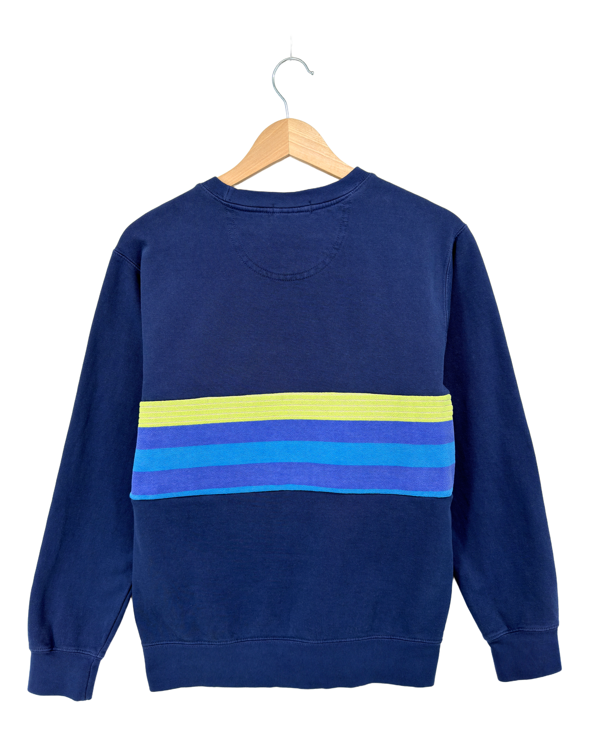 Small Navy Sunset Chaser "Neon Sundome" — one-of-a-kind upcycled vintage beach towel sweatshirt, handmade by Kspek, view 5