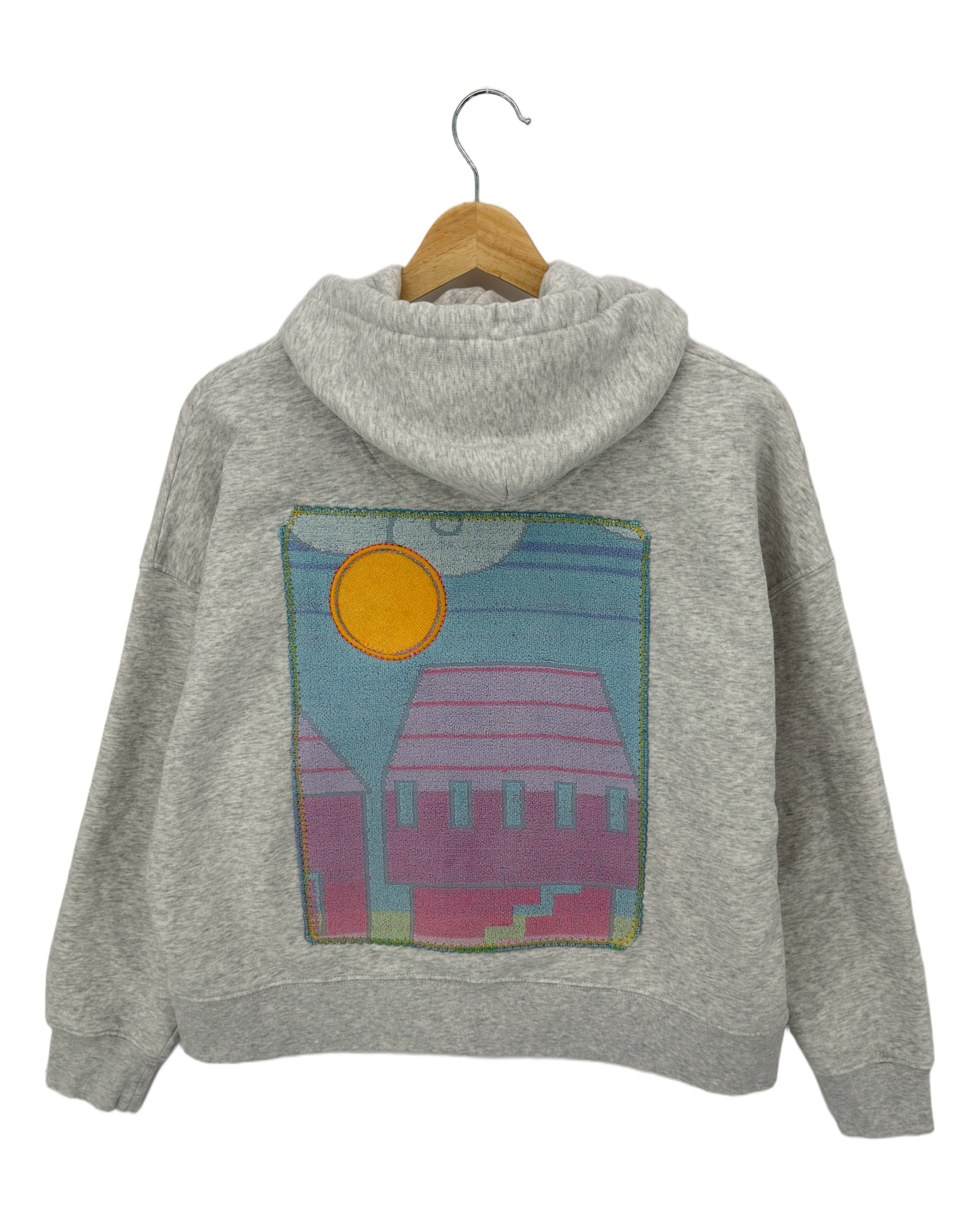 Medium Light Heather Grey Making a Scene Zip Up Hoodie — one-of-a-kind upcycled vintage beach towel piece, handmade by Kspek