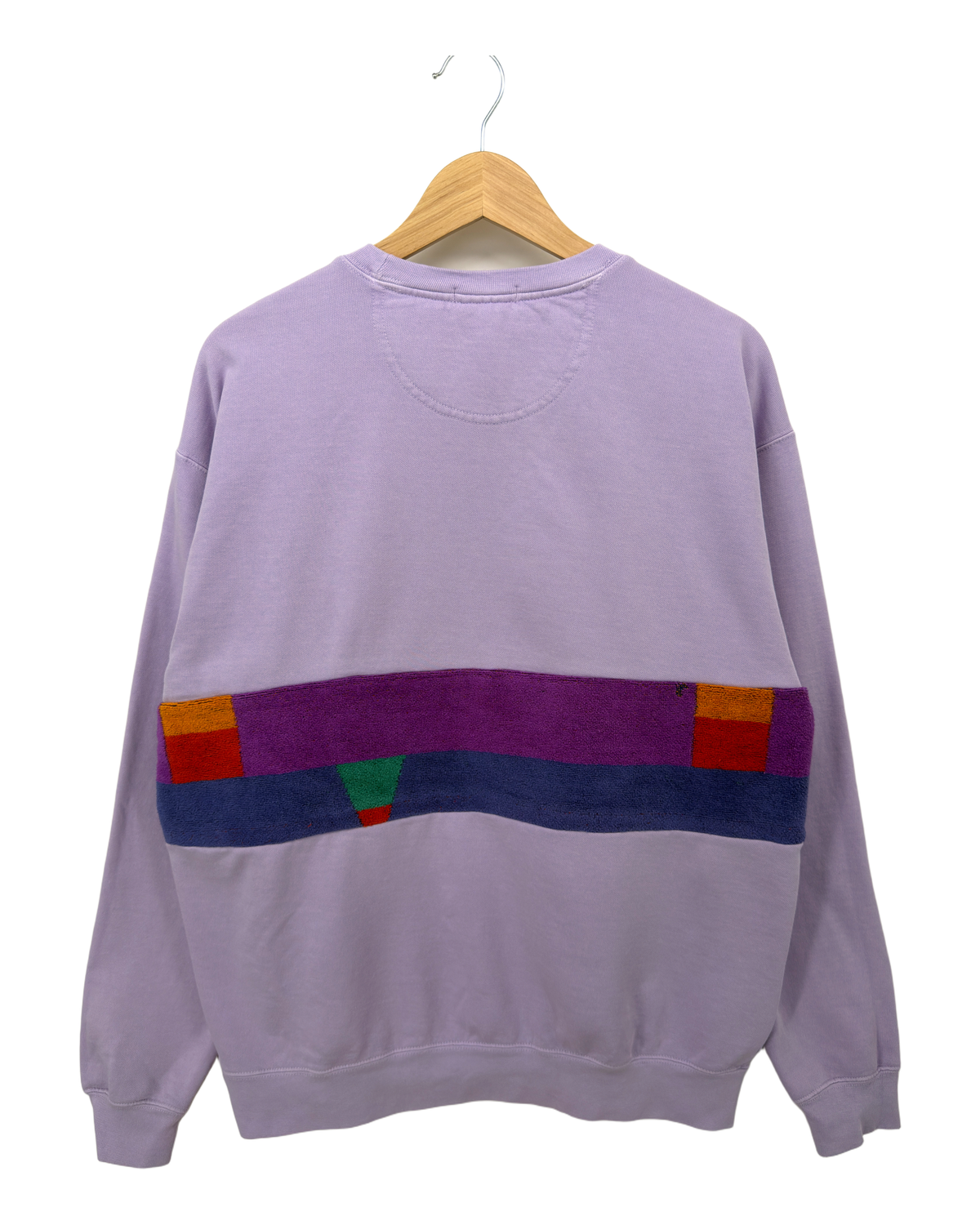 Large Lavender Sunset Chaser "Geometric Sunscape" — one-of-a-kind upcycled vintage beach towel sweatshirt, handmade by Kspek, view 5