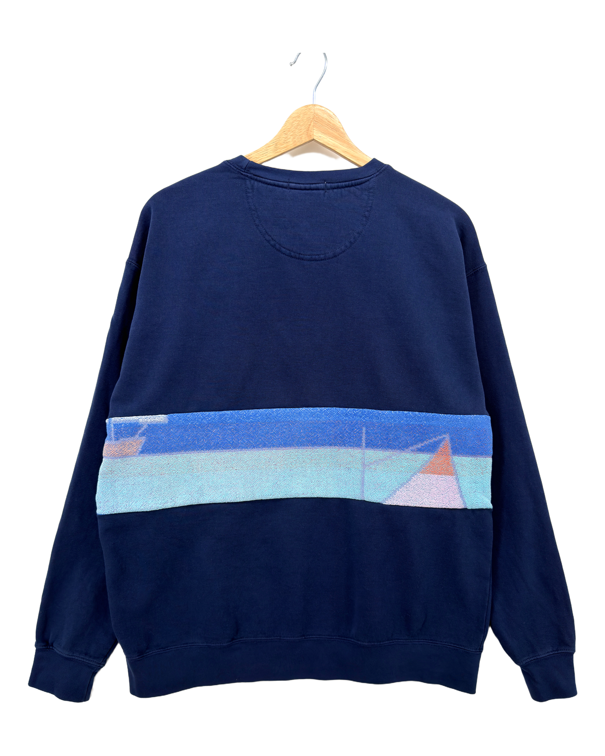 Large Navy Sunset Chaser "Pink Sail Silhouette" — one-of-a-kind upcycled vintage beach towel sweatshirt, handmade by Kspek, view 5