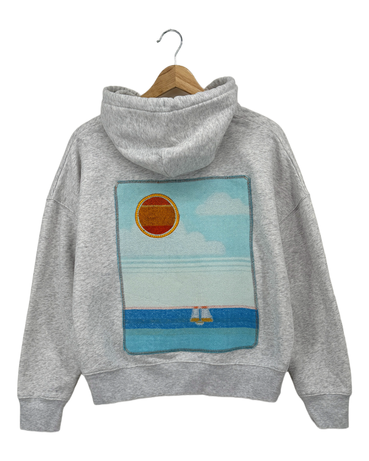 Small Light Heather Grey Making a Scene Zip Up Hoodie — one-of-a-kind upcycled vintage beach towel piece, handmade by Kspek