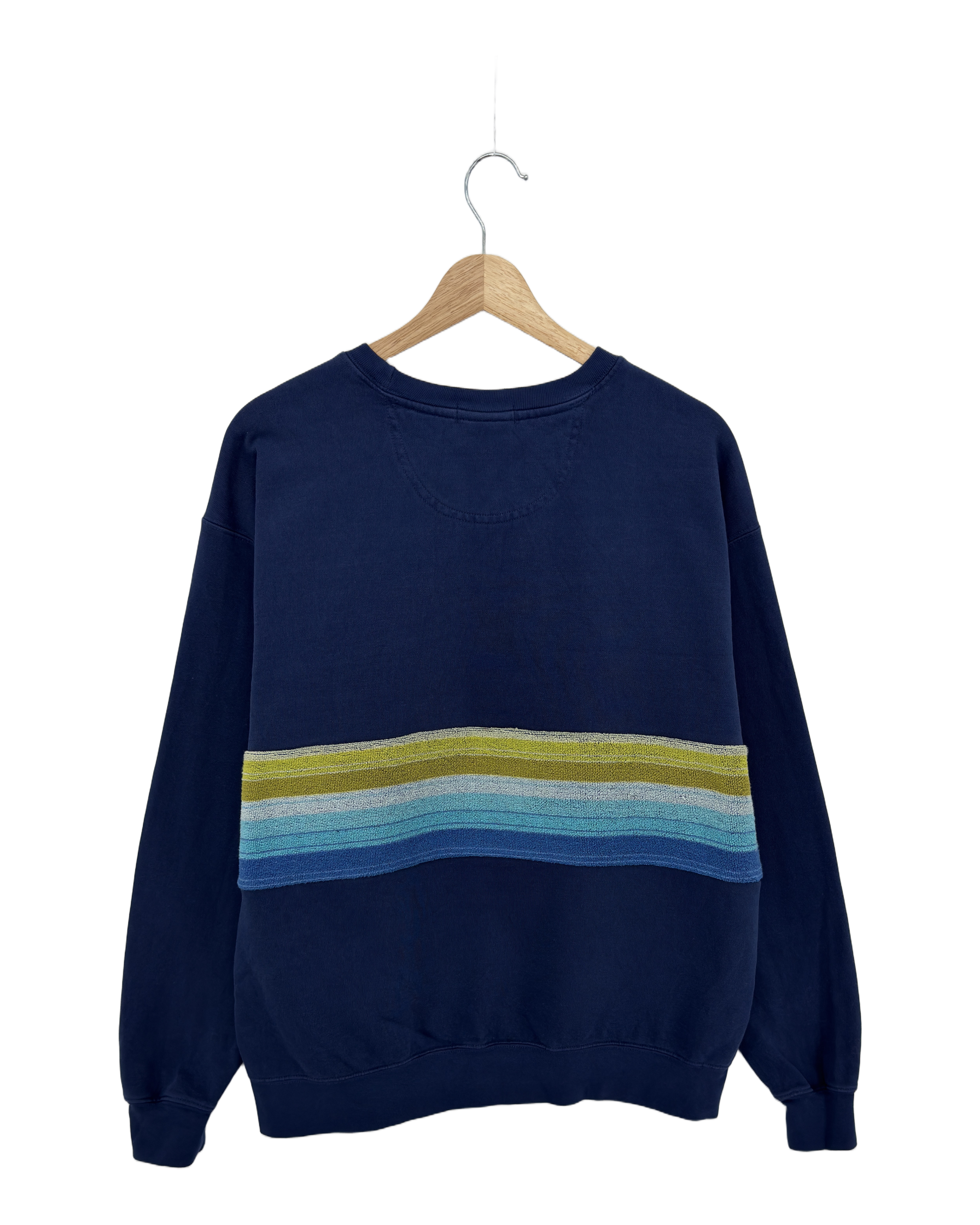 Large Navy Sunset Chaser "Retro Horizon" — one-of-a-kind upcycled vintage beach towel sweatshirt, handmade by Kspek, view 4