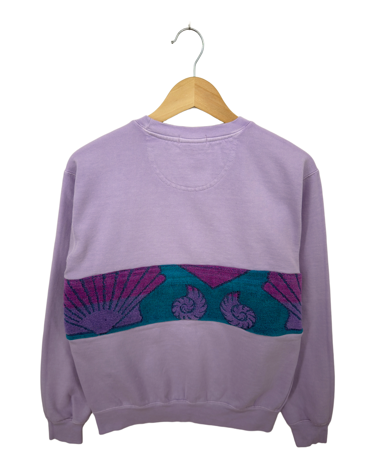 Small Lavender Sunset Chaser "Shell Sunscape" — one-of-a-kind upcycled vintage beach towel sweatshirt, handmade by Kspek, view 5