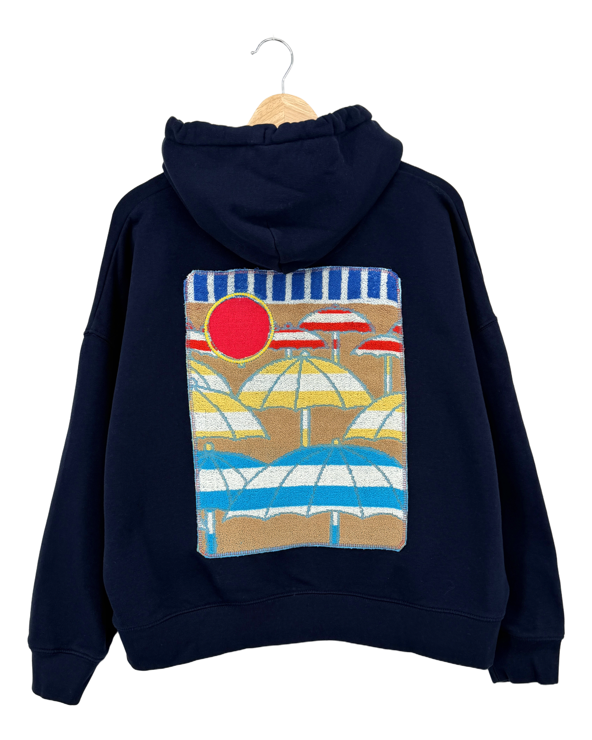Large Navy Making a Scene Zip Up Hoodie — one-of-a-kind upcycled vintage beach towel piece, handmade by Kspek