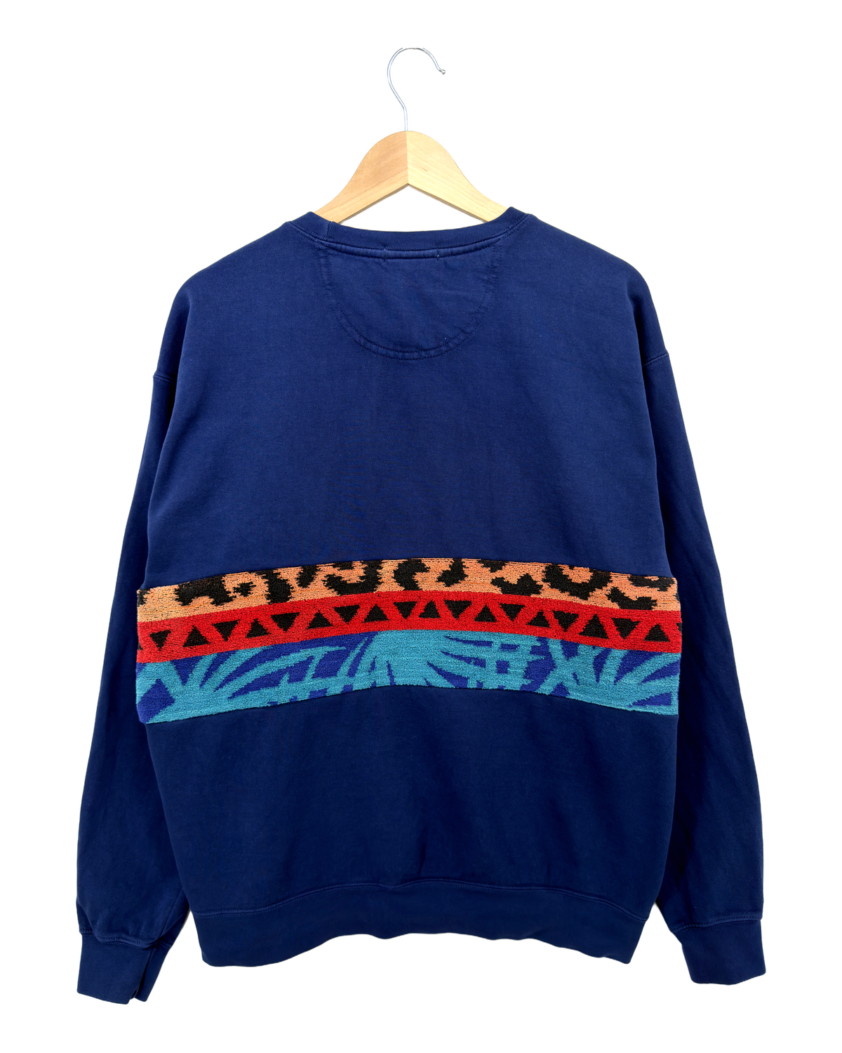 Large Navy Sunset Chaser "Leopard Sunbeam" — one-of-a-kind upcycled vintage beach towel sweatshirt, handmade by Kspek, view 5