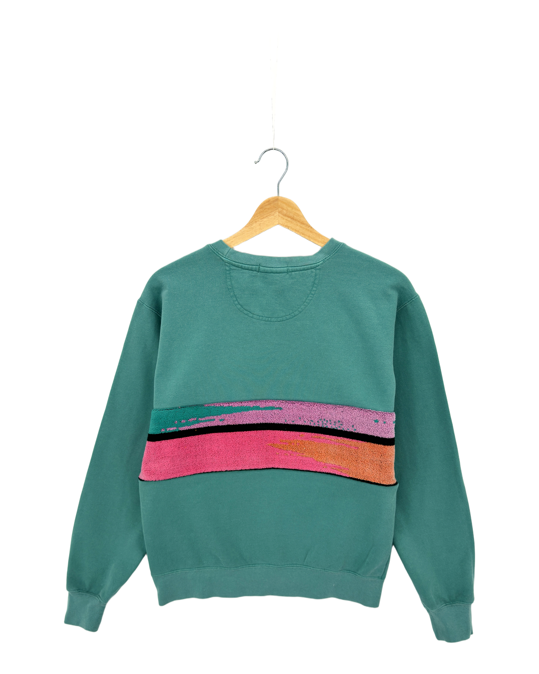 Small Light Jade Sunset Chaser "Waves & Whimsy" — one-of-a-kind upcycled vintage beach towel sweatshirt, handmade by Kspek, view 4