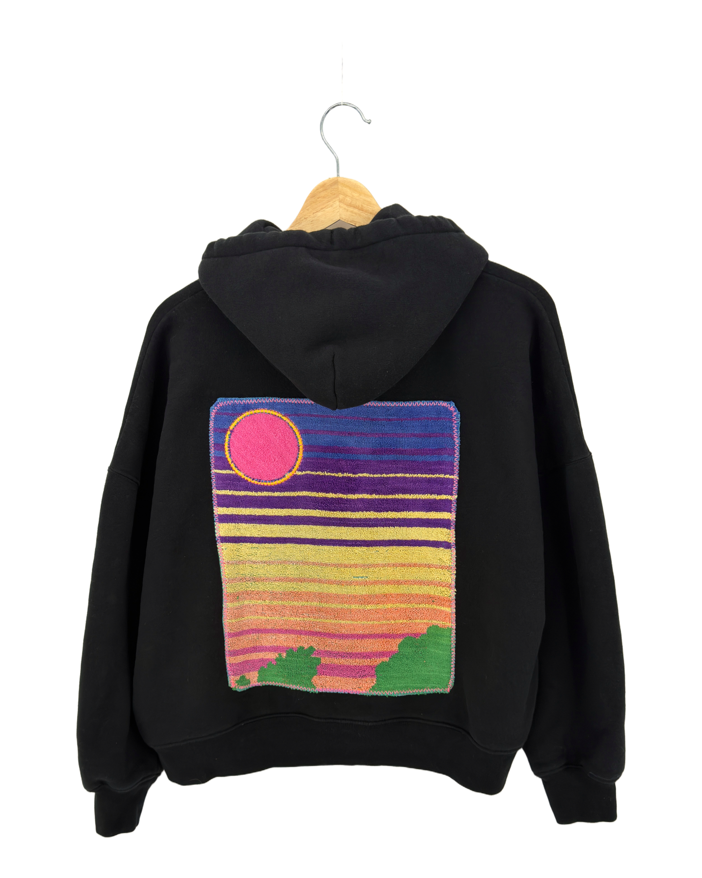 Large Black Making a Scene Zip Up Hoodie — one-of-a-kind upcycled vintage beach towel piece, handmade by Kspek