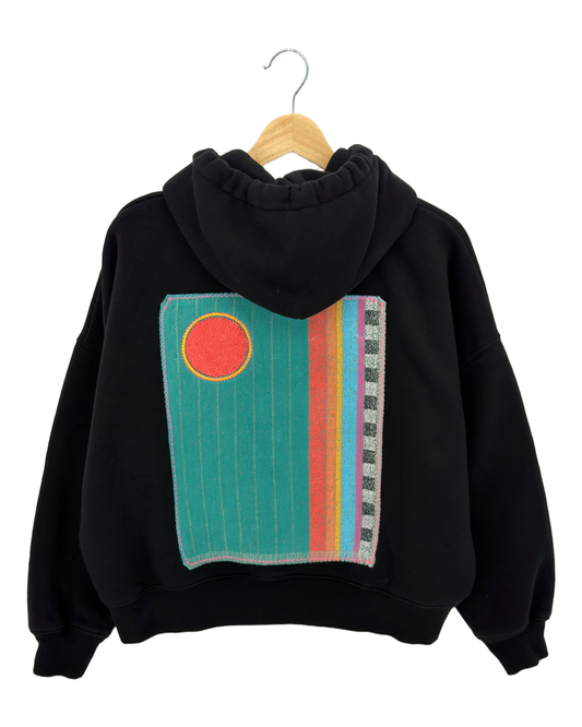 Medium Black Making a Scene Zip Up Hoodie — one-of-a-kind upcycled vintage beach towel piece, handmade by Kspek