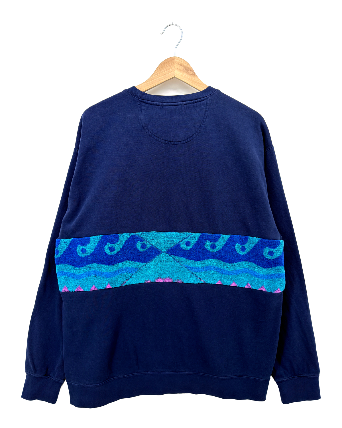 X-Large Navy Sunset Chaser "Pink Sea Horizon" — one-of-a-kind upcycled vintage beach towel sweatshirt, handmade by Kspek, view 5