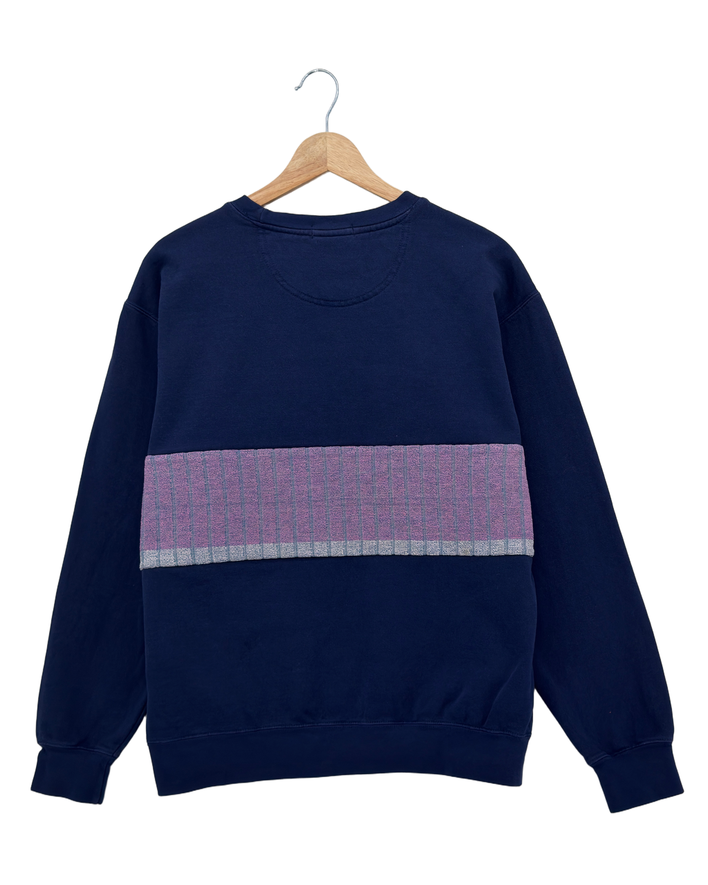 Medium Navy Sunset Chaser "Horizon Daze" — one-of-a-kind upcycled vintage beach towel sweatshirt, handmade by Kspek, view 4