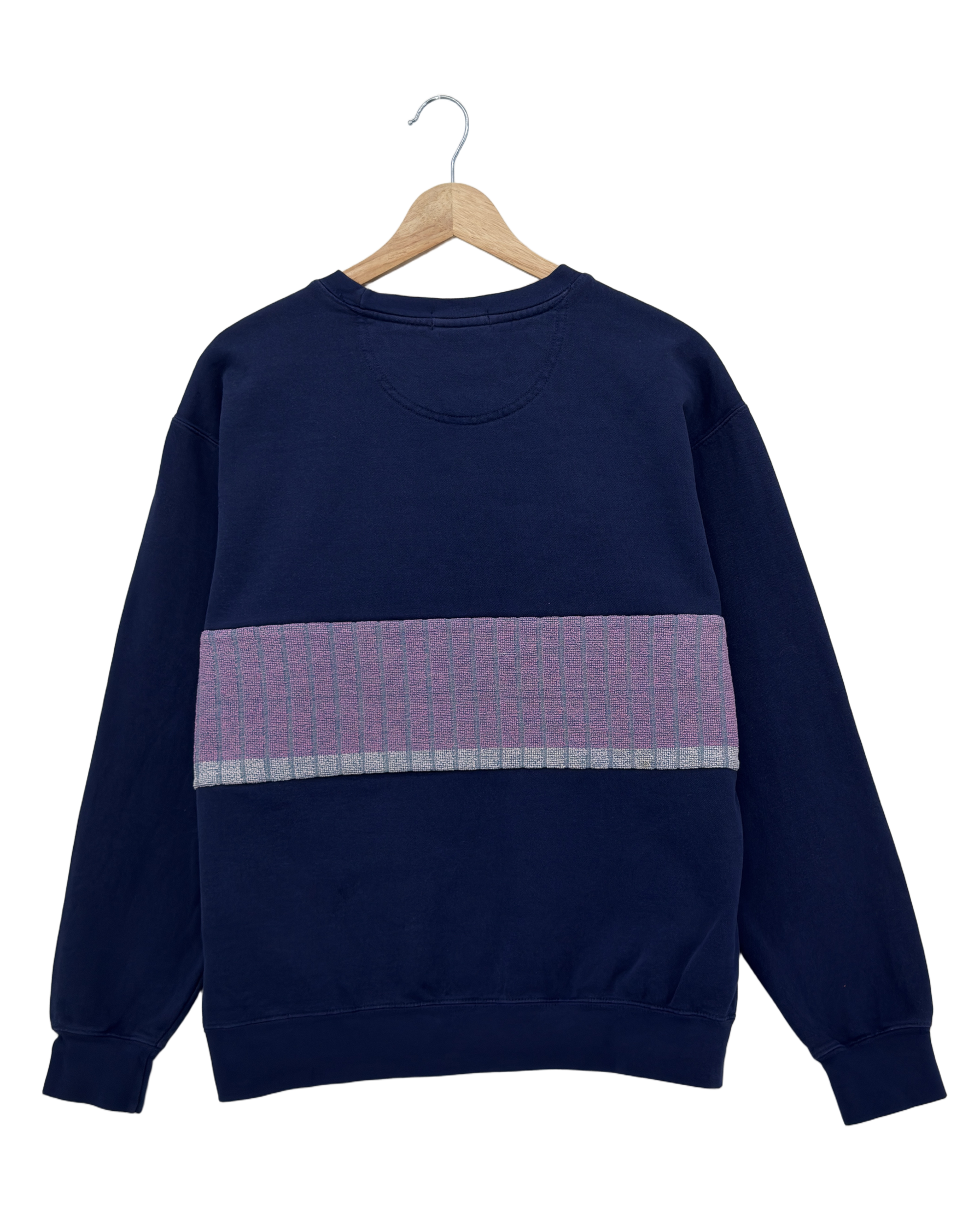 Medium Navy Sunset Chaser "Horizon Daze" — one-of-a-kind upcycled vintage beach towel sweatshirt, handmade by Kspek, view 4