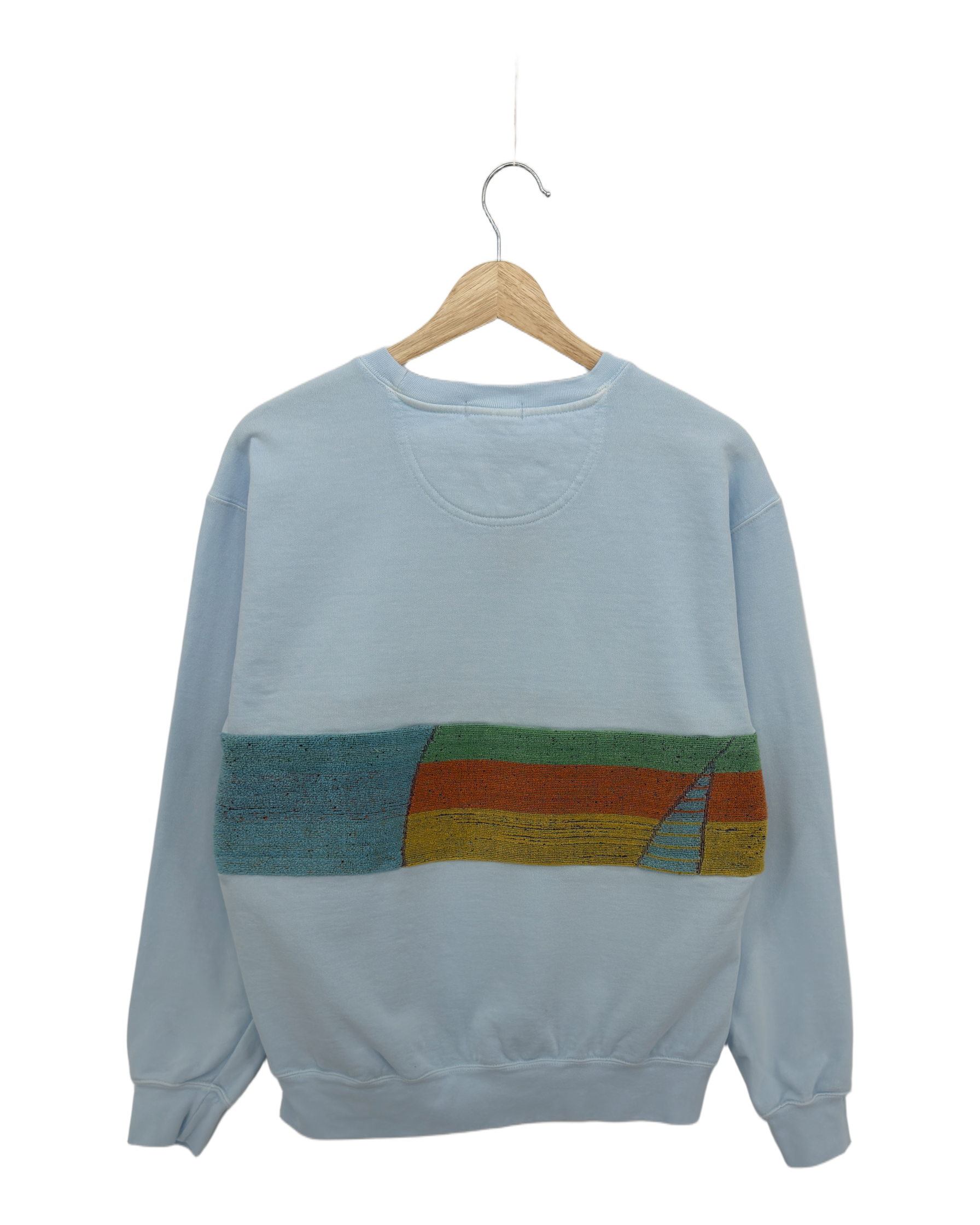 Medium Aqua Sunset Chaser "Horizon Dreamscape" — one-of-a-kind upcycled vintage beach towel sweatshirt, handmade by Kspek, view 4