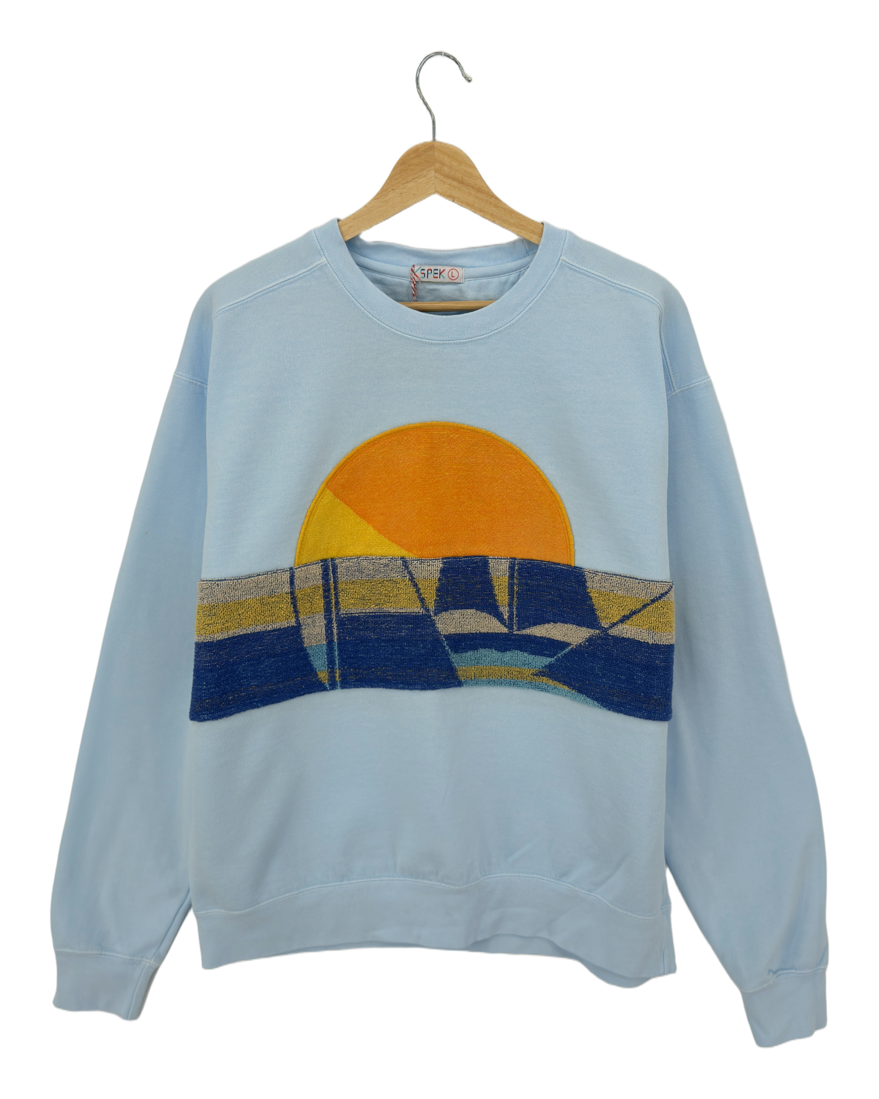 Large Aqua Sunset Chaser "Tide Traveler" — one-of-a-kind upcycled vintage beach towel sweatshirt, handmade by Kspek, view 4