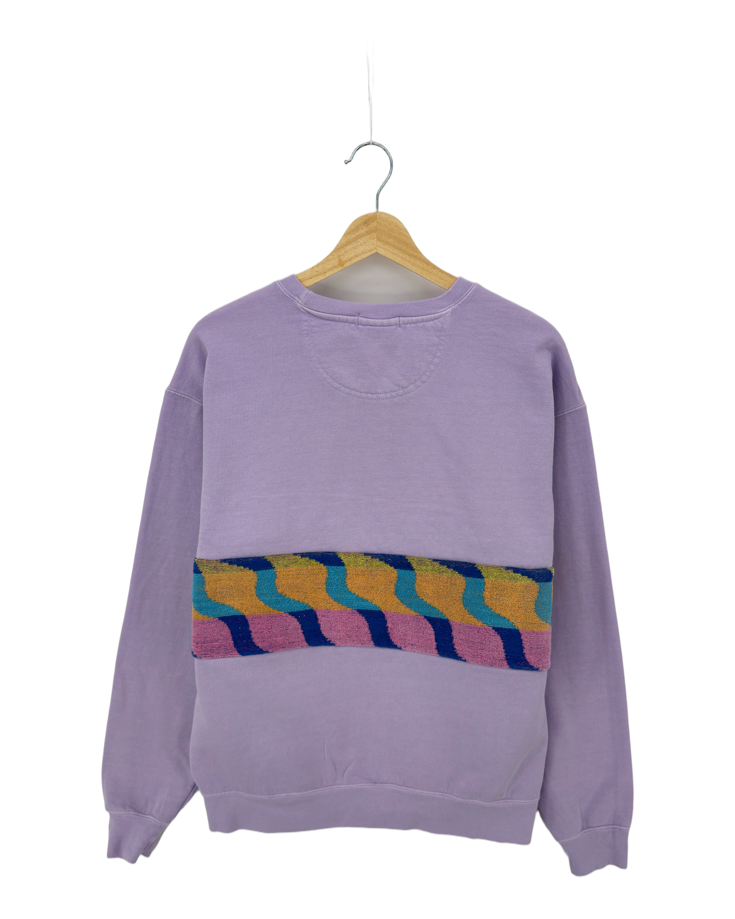 Large Lavender Sunset Chaser "Retro Wave" — one-of-a-kind upcycled vintage beach towel sweatshirt, handmade by Kspek, view 4