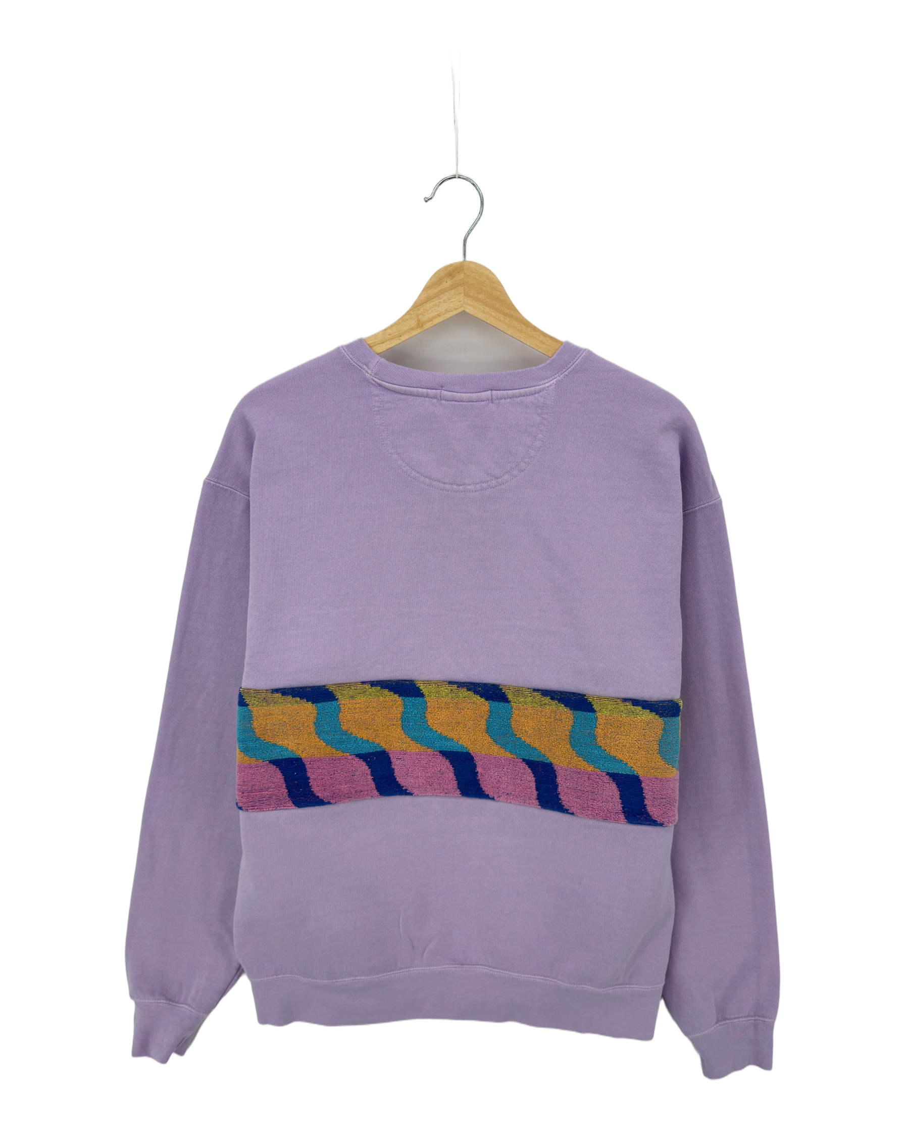Large Lavender Sunset Chaser "Retro Wave" — one-of-a-kind upcycled vintage beach towel sweatshirt, handmade by Kspek, view 4