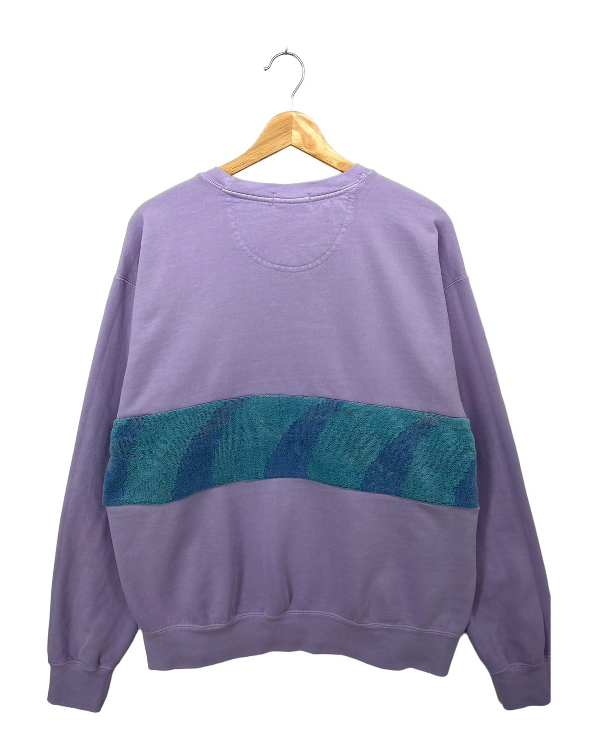 Large Lavender Sunset Chaser "Red Sun Surf" — one-of-a-kind upcycled vintage beach towel sweatshirt, handmade by Kspek, view 5