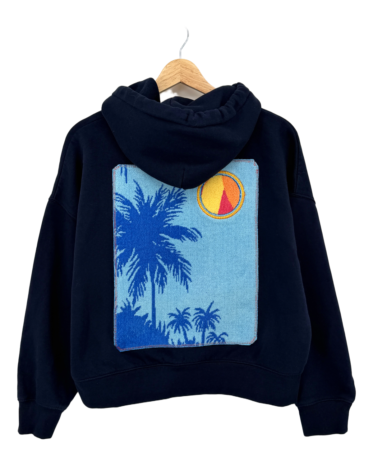 Small Navy Making a Scene Zip Up Hoodie — one-of-a-kind upcycled vintage beach towel piece, handmade by Kspek