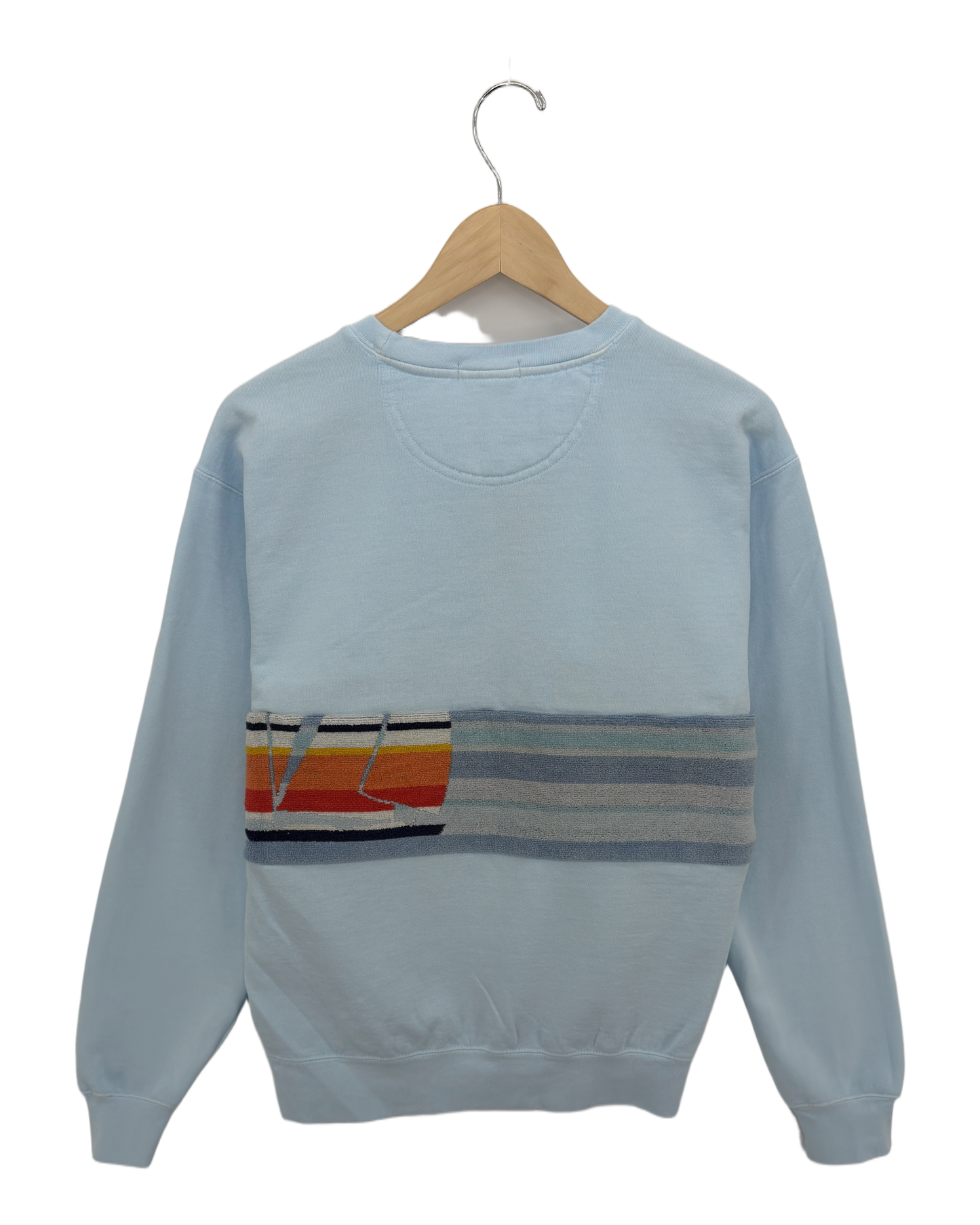 Medium Aqua Sunset Chaser "Retro Coastline" — one-of-a-kind upcycled vintage beach towel sweatshirt, handmade by Kspek, view 4