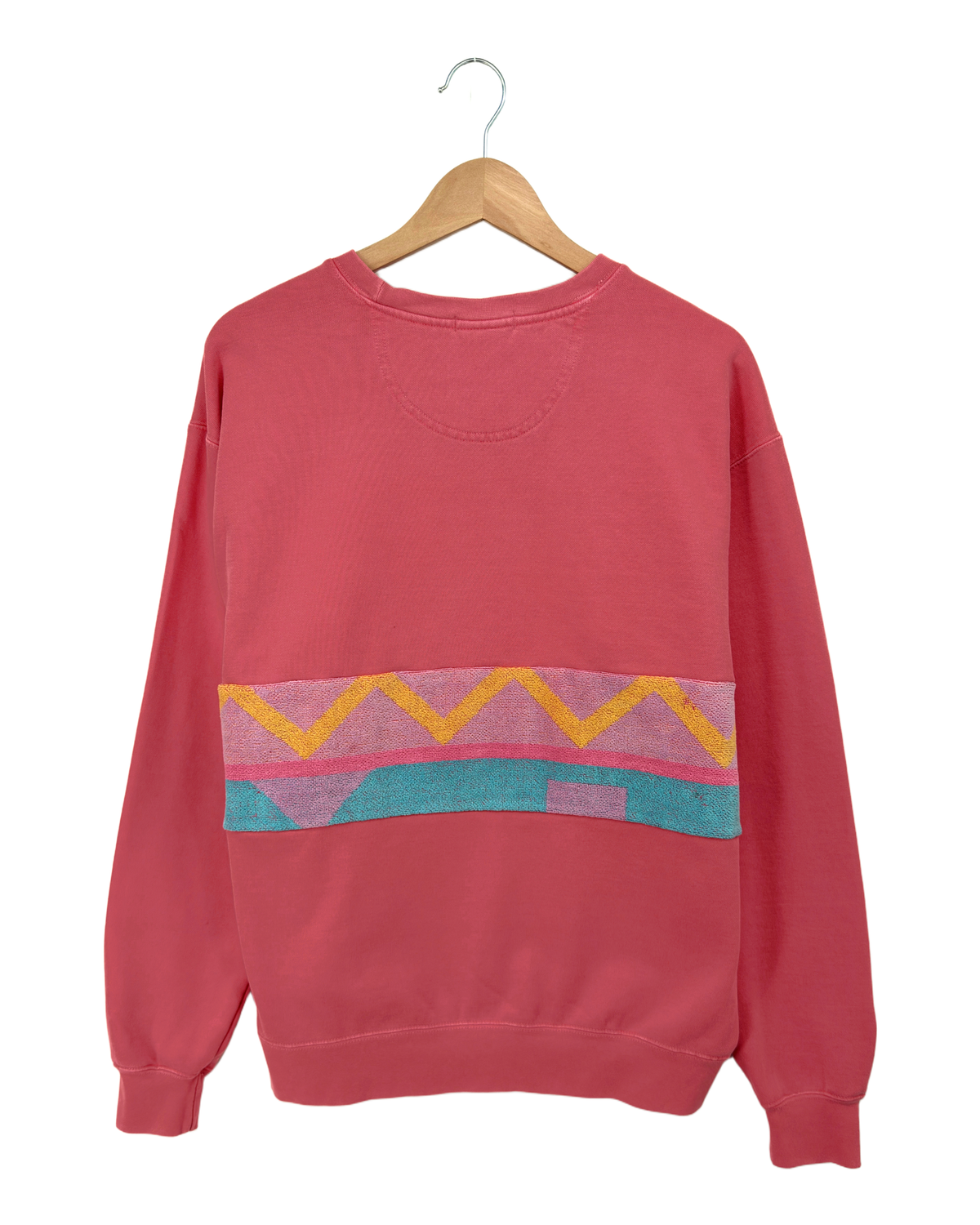 Large Watermelon Sunset Chaser "Zigzag Solar Arc" — one-of-a-kind upcycled vintage beach towel sweatshirt, handmade by Kspek, view 5