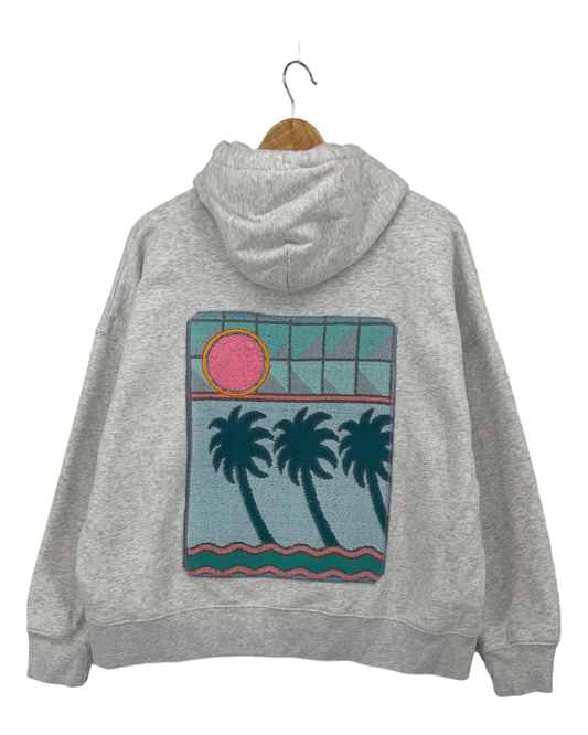 Large Light Heather Grey Making a Scene Zip Up Hoodie — one-of-a-kind upcycled vintage beach towel piece, handmade by Kspek