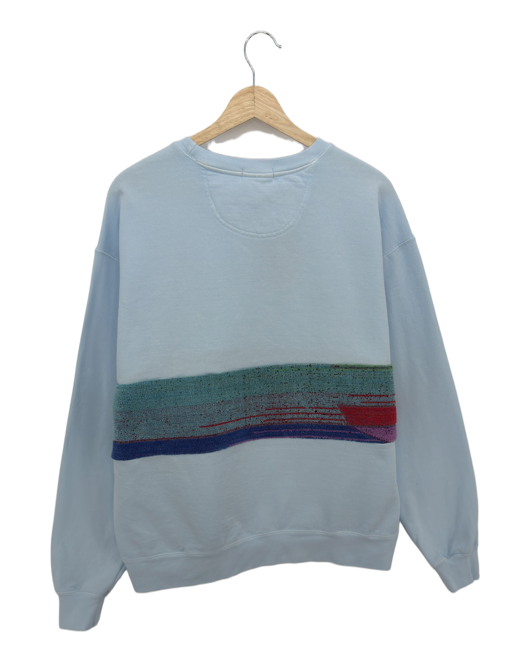 Large Aqua Sunset Chaser "Radiant Coastline" — one-of-a-kind upcycled vintage beach towel sweatshirt, handmade by Kspek, view 4