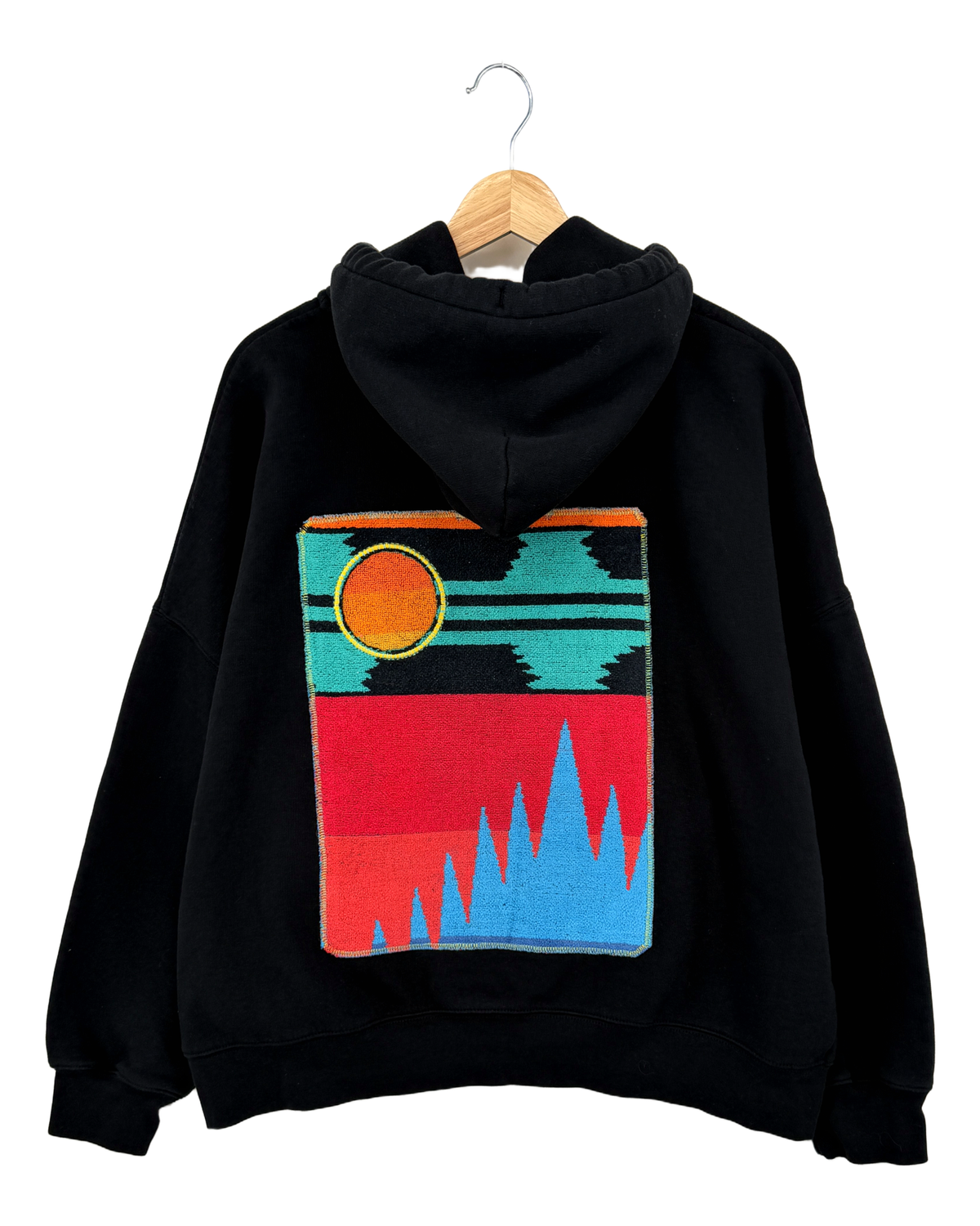 XLarge Black Making a Scene Zip Up Hoodie — one-of-a-kind upcycled vintage beach towel piece, handmade by Kspek