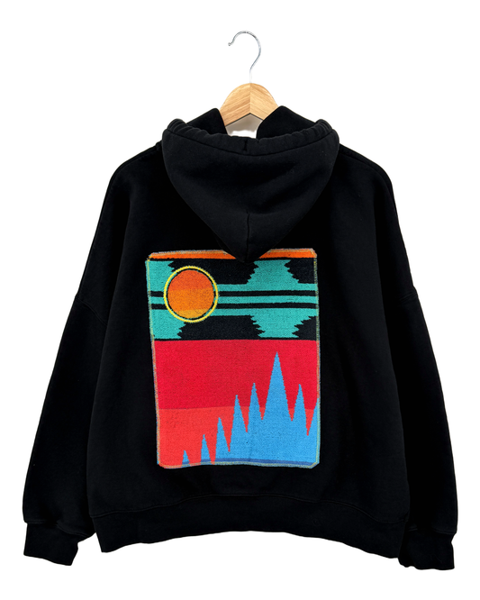 XLarge Black Making a Scene Zip Up Hoodie — one-of-a-kind upcycled vintage beach towel piece, handmade by Kspek