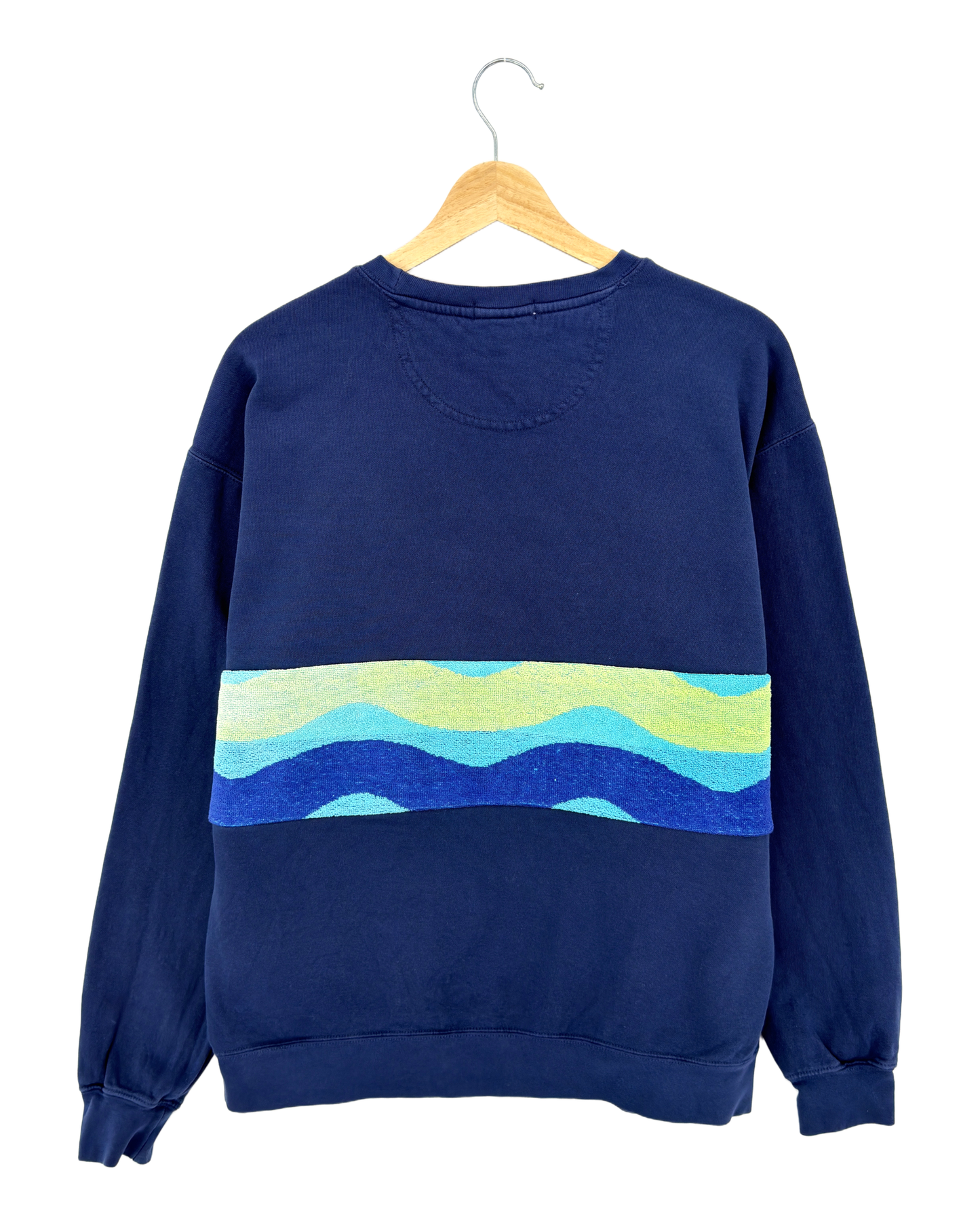 Large Navy Sunset Chaser "Ocean Horizon" — one-of-a-kind upcycled vintage beach towel sweatshirt, handmade by Kspek, view 4