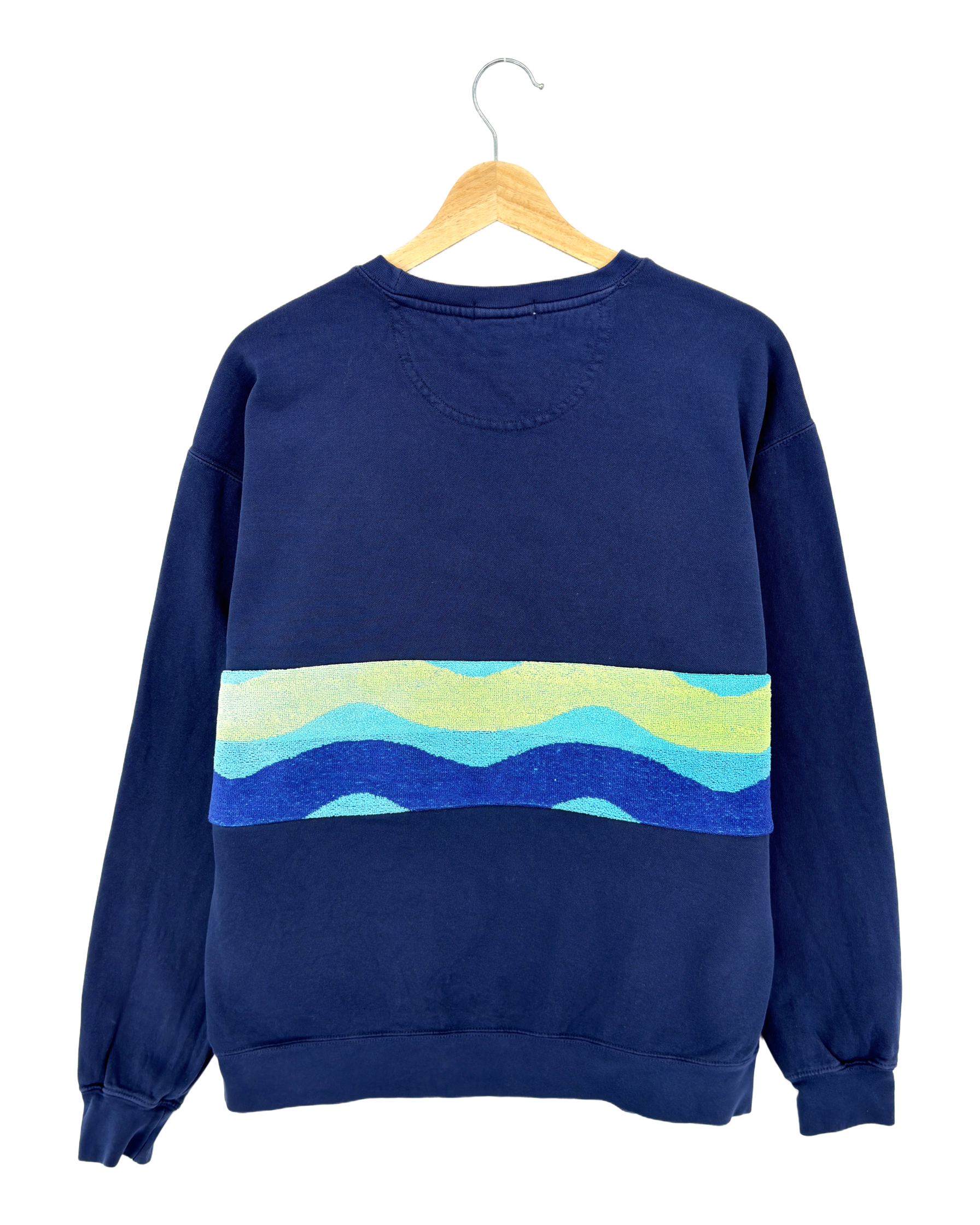 Large Navy Sunset Chaser "Ocean Horizon" — one-of-a-kind upcycled vintage beach towel sweatshirt, handmade by Kspek, view 4