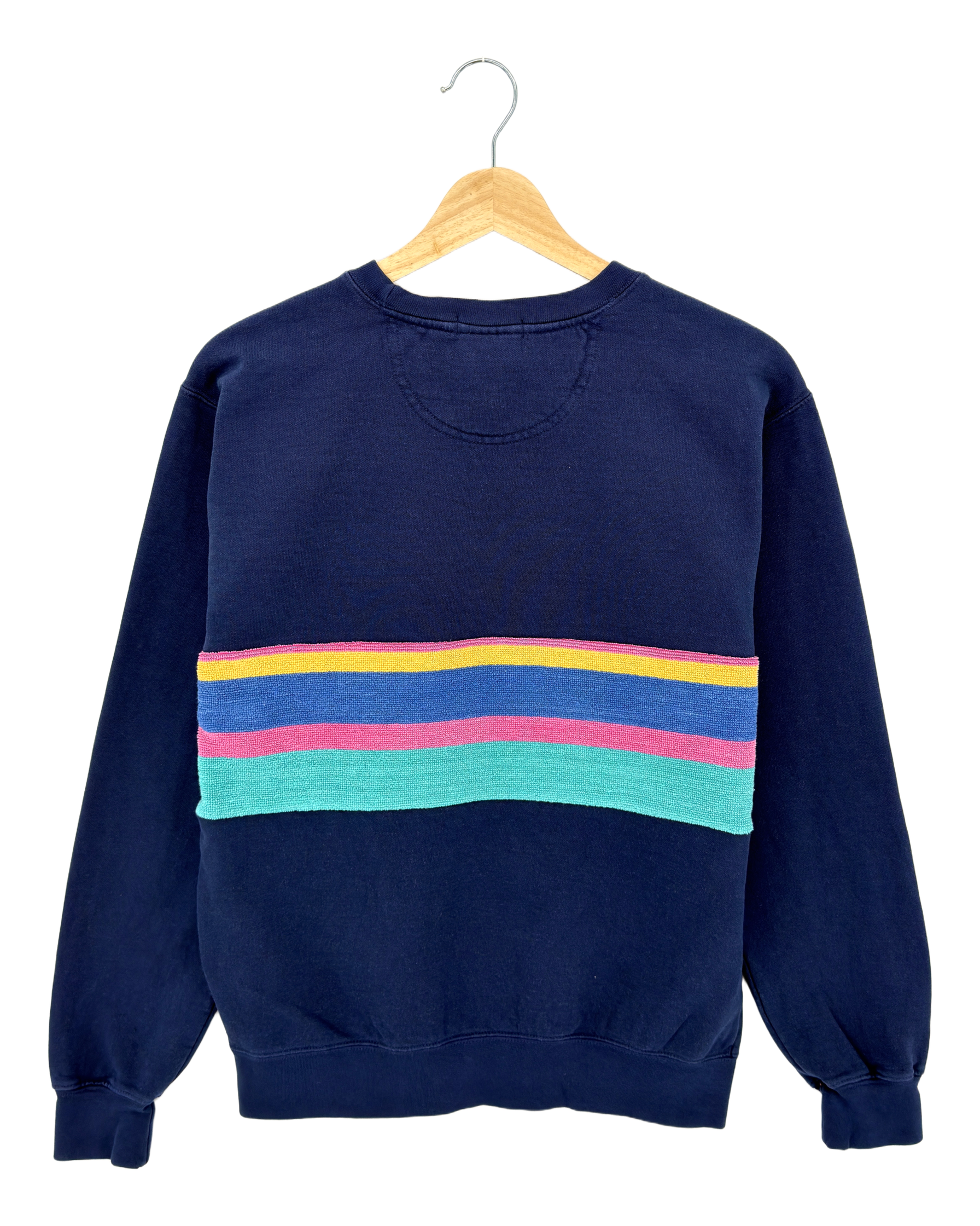 Small Navy Sunset Chaser "Retro Shoreline" — one-of-a-kind upcycled vintage beach towel sweatshirt, handmade by Kspek, view 4
