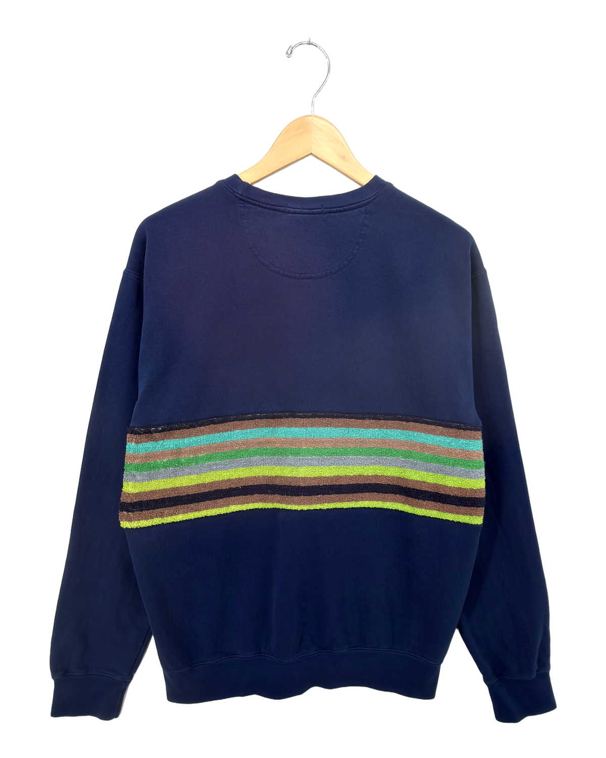 Medium Navy Sunset Chaser "Striped Sun Arc" — one-of-a-kind upcycled vintage beach towel sweatshirt, handmade by Kspek, view 5
