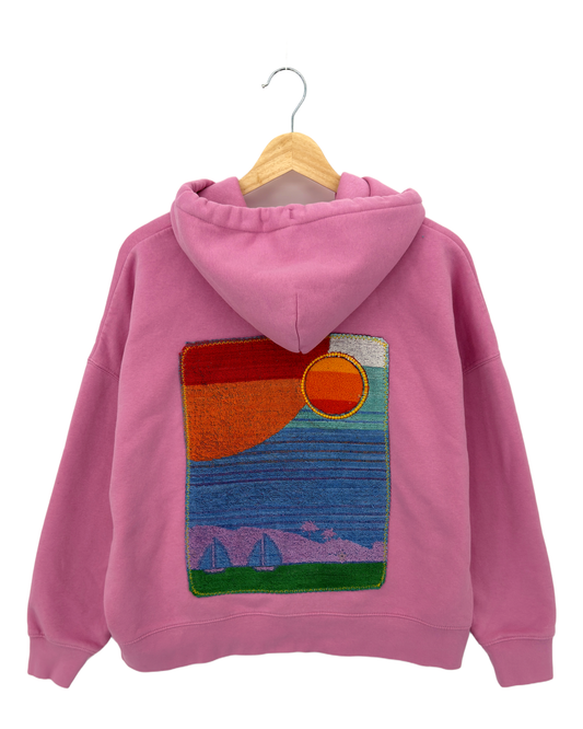 Large Pink Making a Scene Zip Up Hoodie — one-of-a-kind upcycled vintage beach towel piece, handmade by Kspek