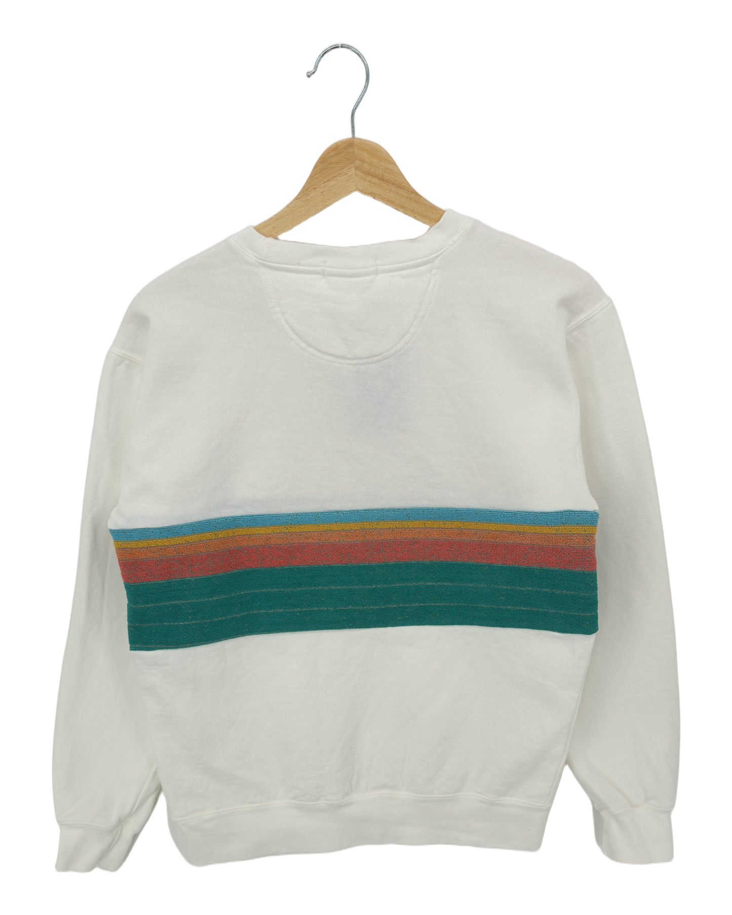 Small White Sunset Chaser "Vintage Shoreline" — one-of-a-kind upcycled vintage beach towel sweatshirt, handmade by Kspek, view 4