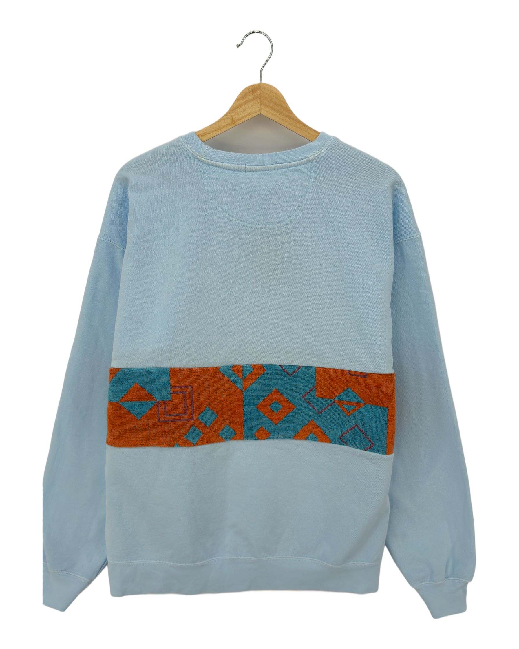 X-Large Aqua Sunset Chaser "Coastal Geometry" — one-of-a-kind upcycled vintage beach towel sweatshirt, handmade by Kspek, view 4