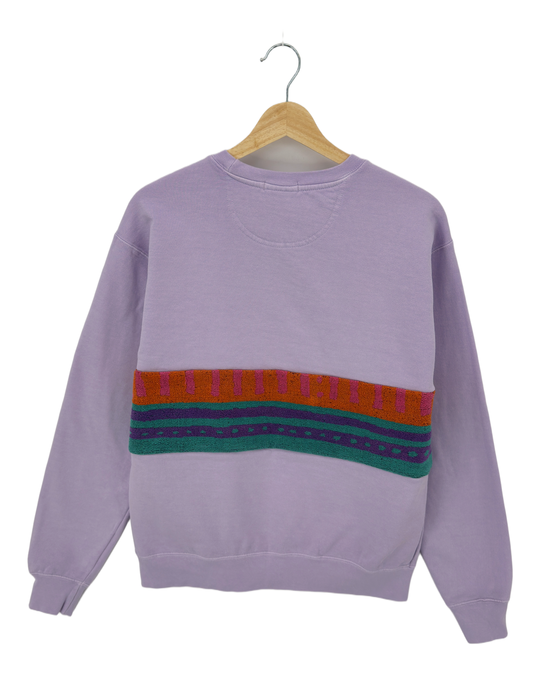 Medium Lavender Sunset Chaser "Retro Shoreline" — one-of-a-kind upcycled vintage beach towel sweatshirt, handmade by Kspek, view 4