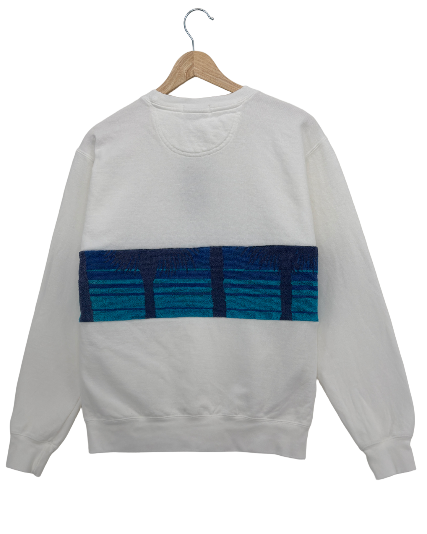 Small White Sunset Chaser "Coastal Dreaming" — one-of-a-kind upcycled vintage beach towel sweatshirt, handmade by Kspek, view 4