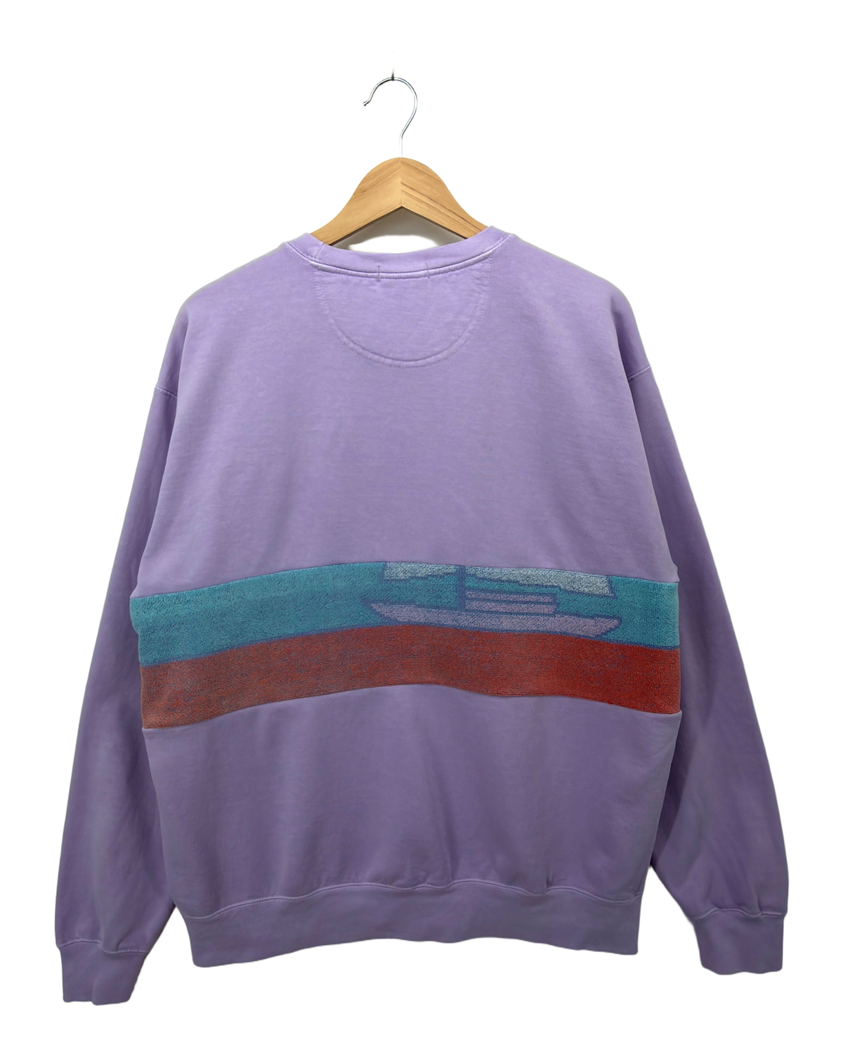 Large Lavender Sunset Chaser "Striped Ocean Drop" — one-of-a-kind upcycled vintage beach towel sweatshirt, handmade by Kspek, view 5