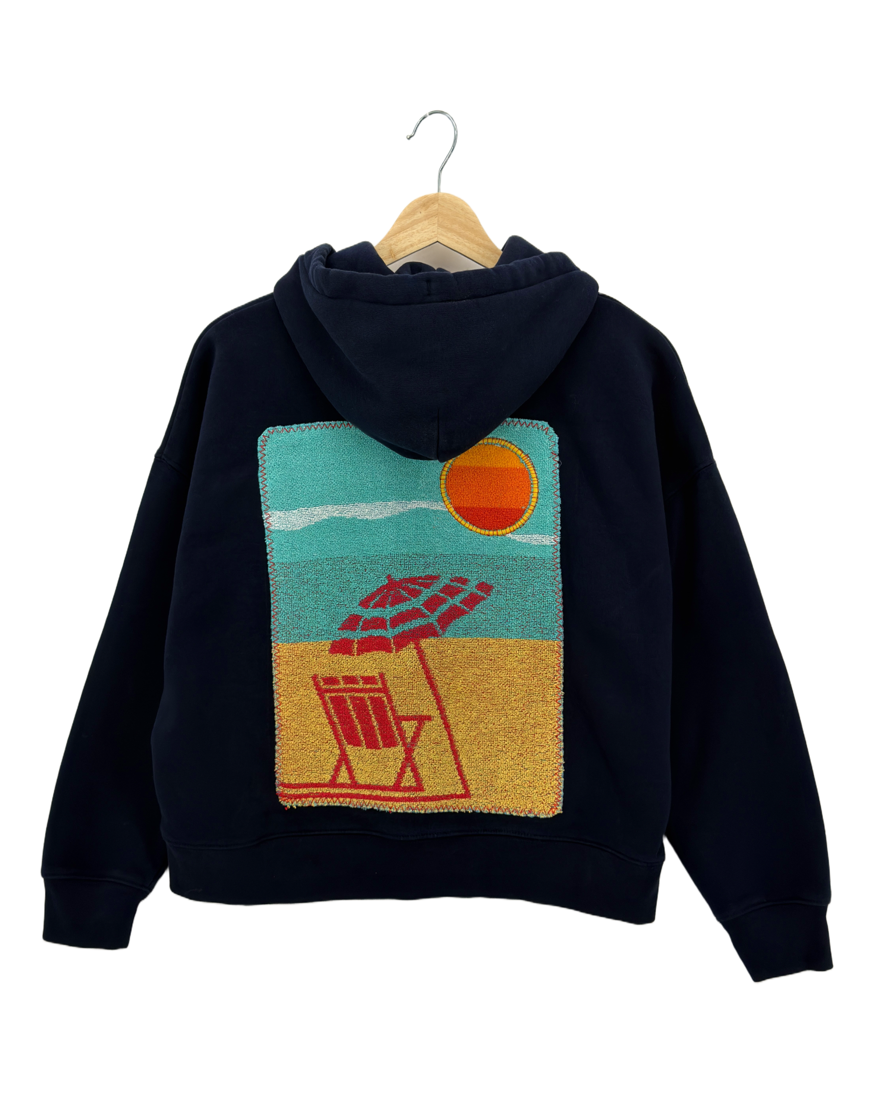 Small Navy Making a Scene Zip Up Hoodie — one-of-a-kind upcycled vintage beach towel piece, handmade by Kspek