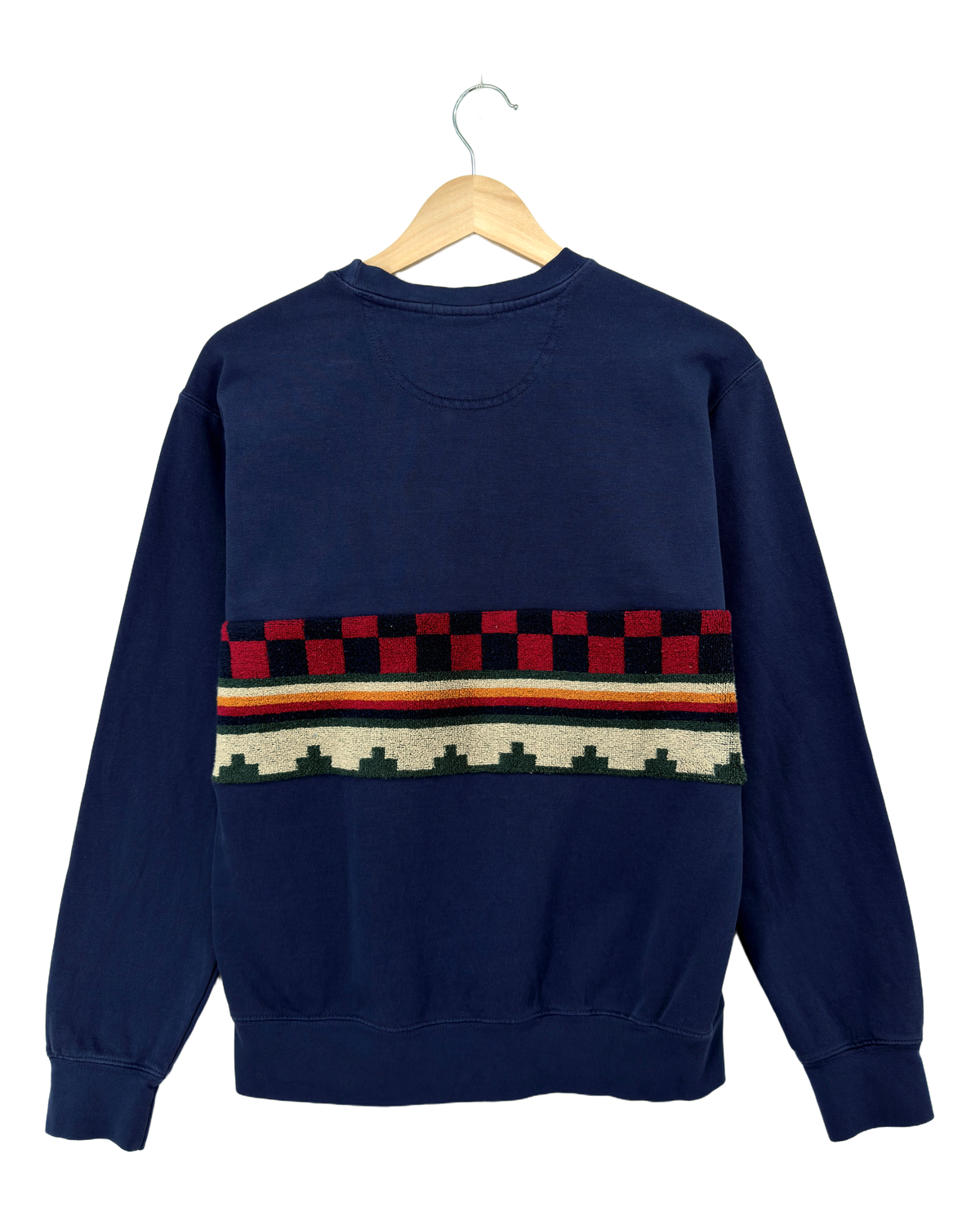 Small Navy Sunset Chaser "Sunset Checkers" — one-of-a-kind upcycled vintage beach towel sweatshirt, handmade by Kspek, view 5