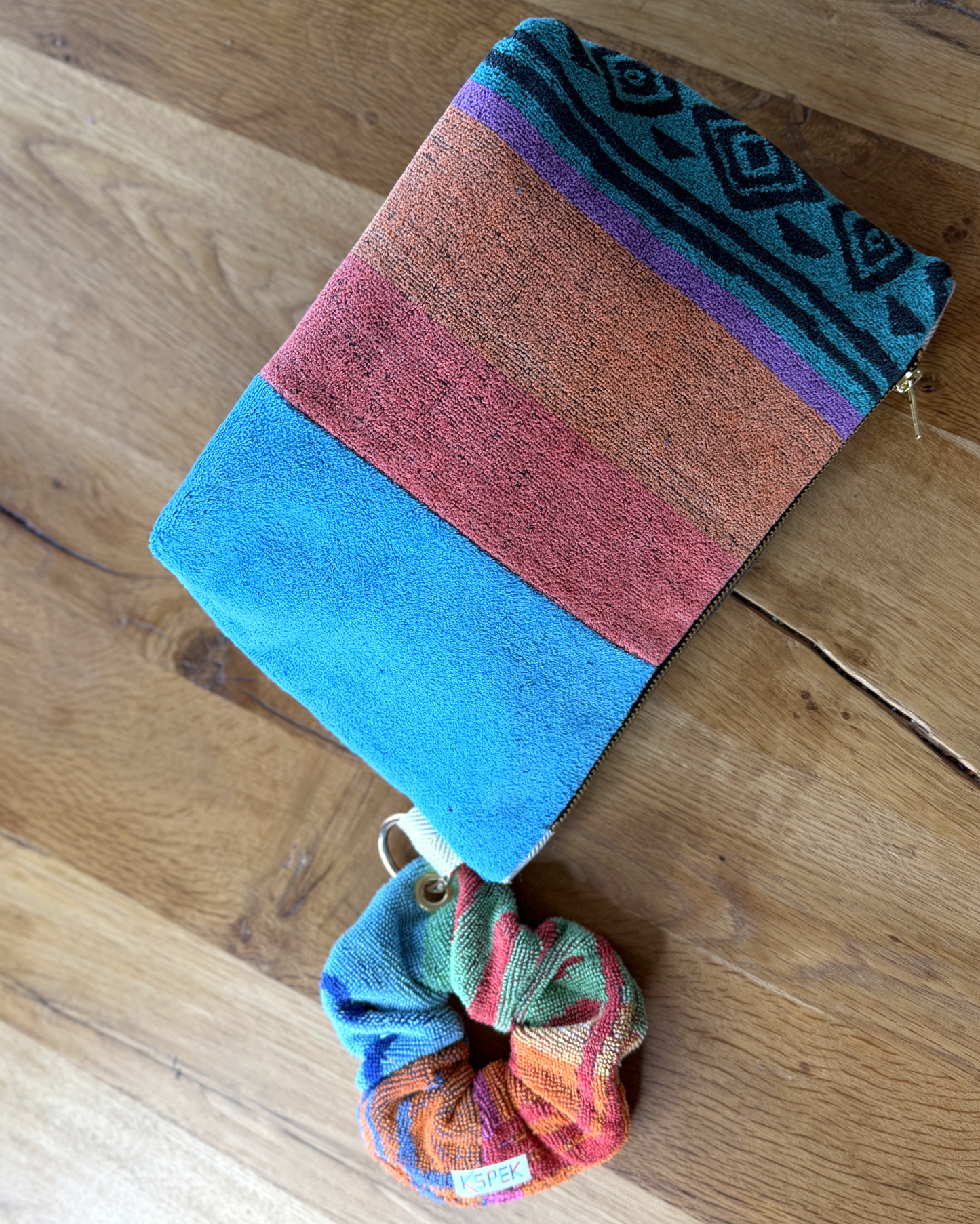 Repurposed Towel Beach Clutch “Coastal Groove” — handmade by Kspek from upcycled vintage textiles, view 6